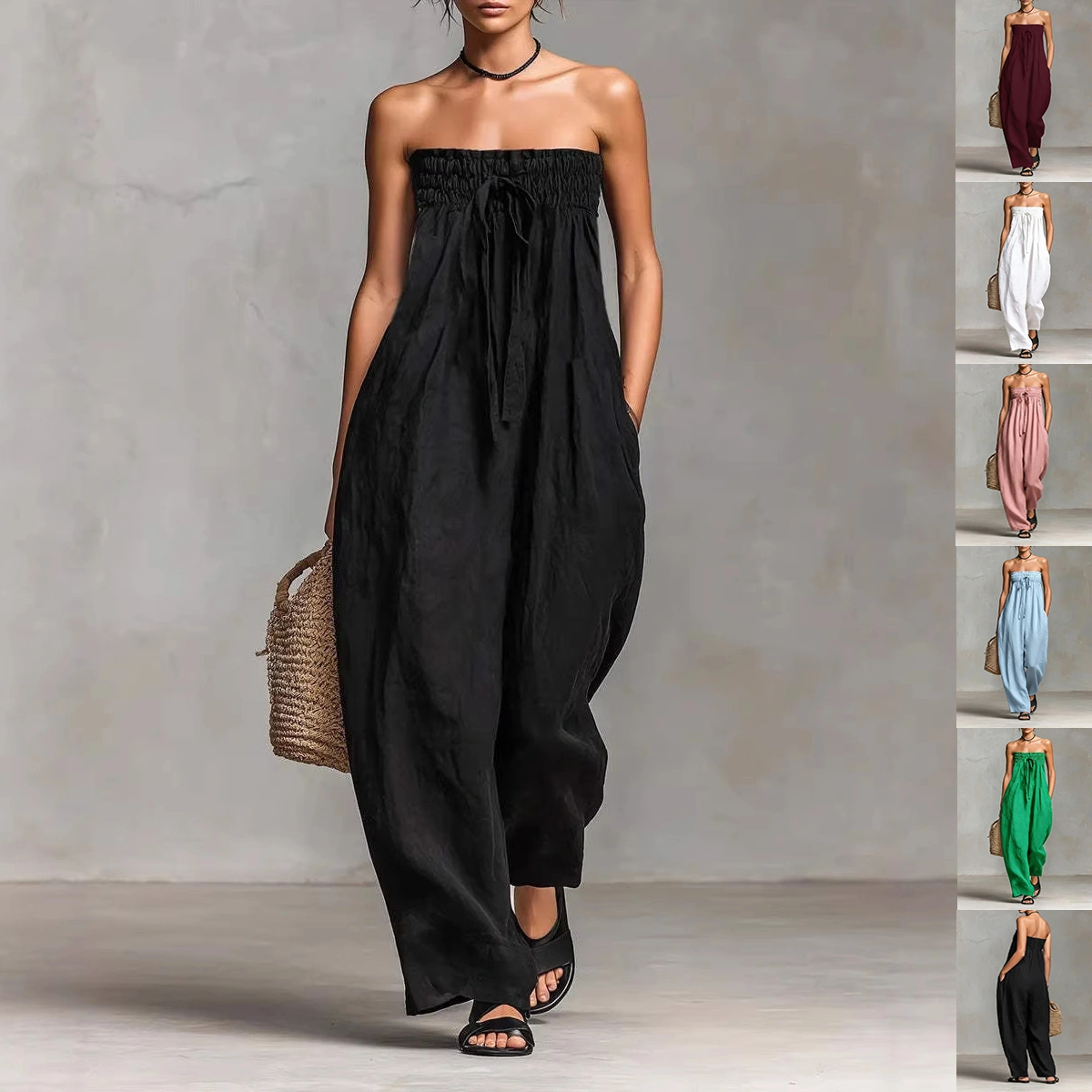 Women's Strapless Ruched Jumpsuit Summer Fashion Tie-up Loose Straight-leg Jumpsuit