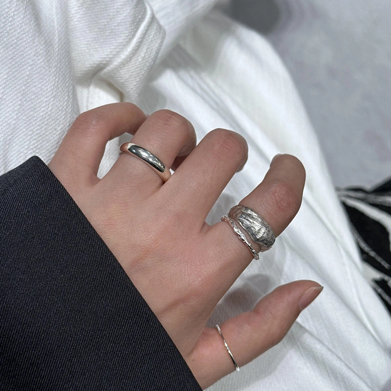 925 Silver Retro Hammered Frosted Ring Luxury Texture White Burned Band