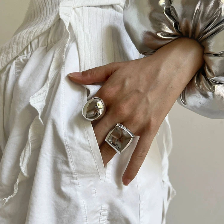 French Vintage Glossy Metal Ring Adjustable Open Band Minimalist Square Finger Ring