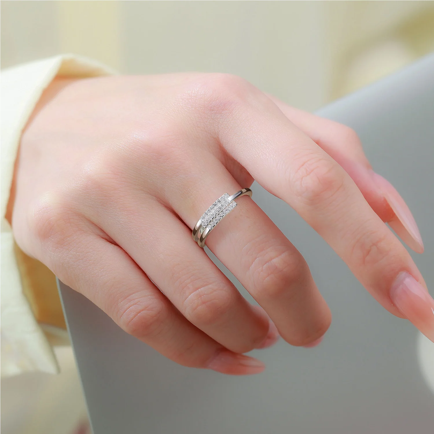 S999 Sterling Silver Three-layer Zircon Ring Cold Style Adjustable Women Band