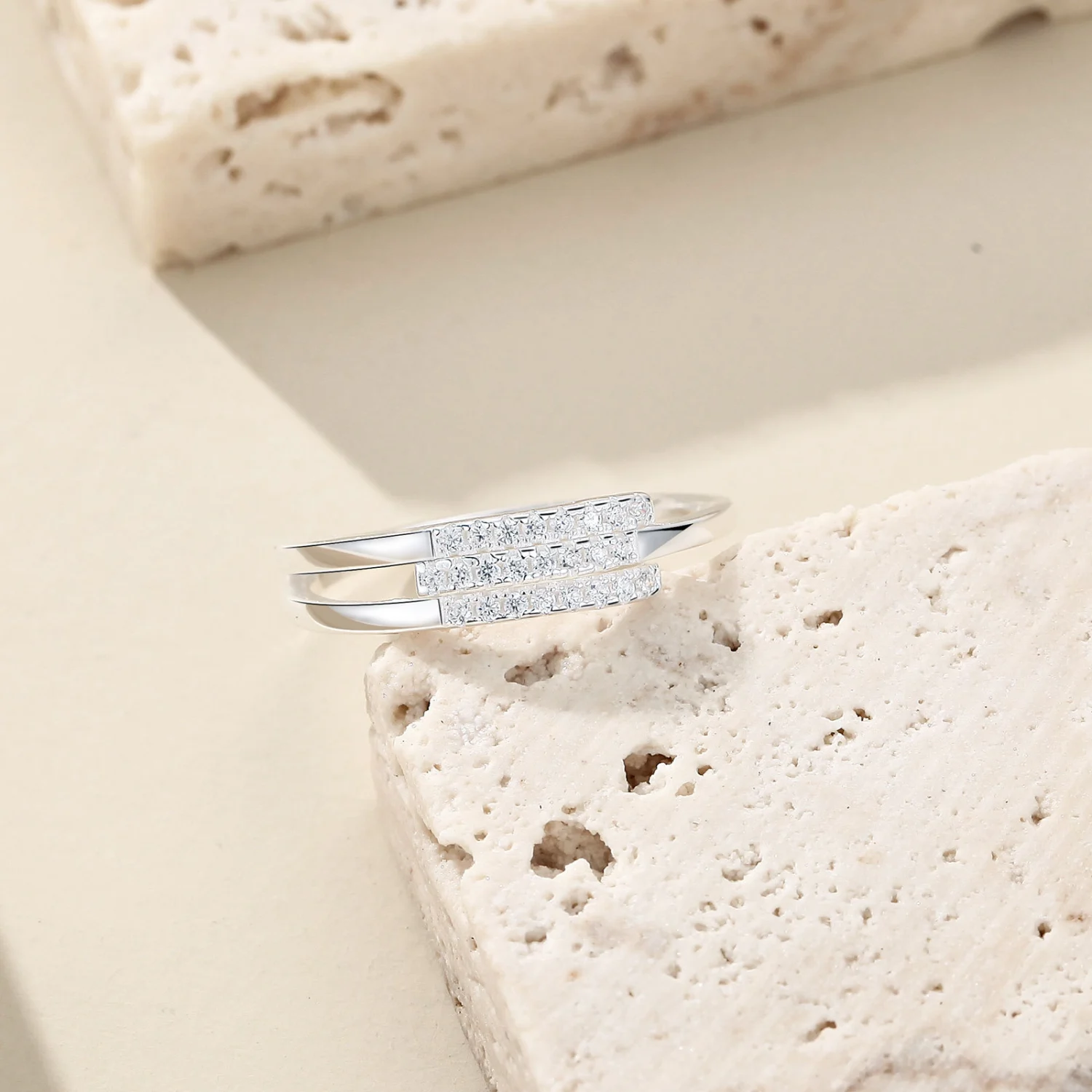S999 Sterling Silver Three-layer Zircon Ring Cold Style Adjustable Women Band