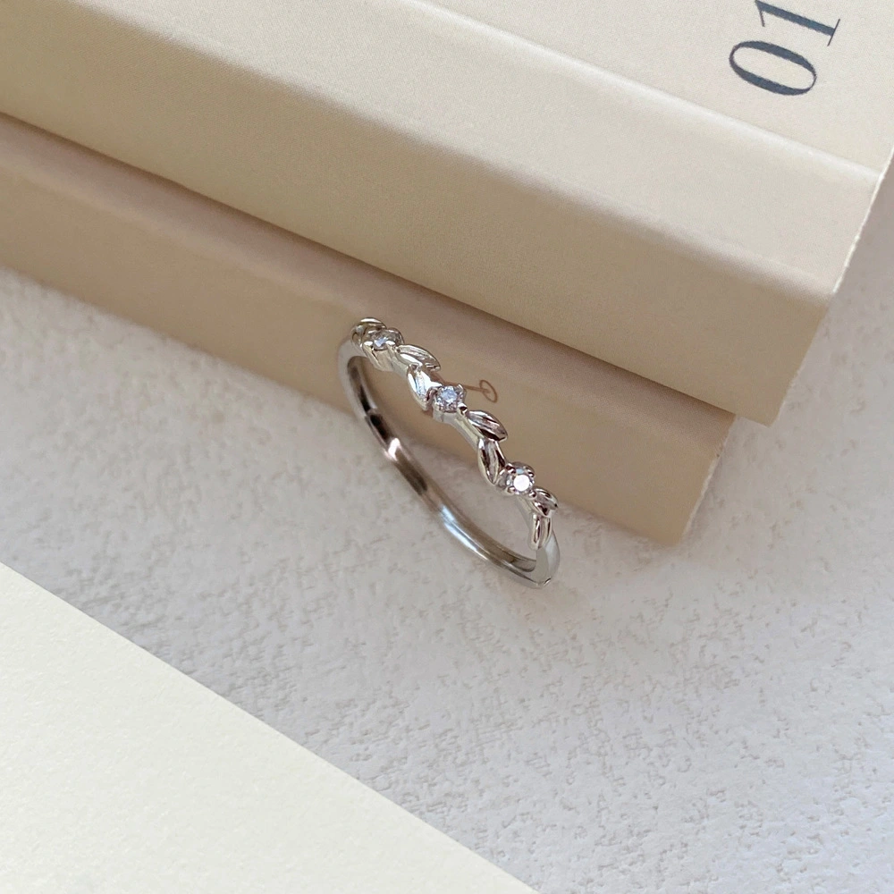 S999 Fine Silver Wheat Ear Zircon Ring Niche Leaf Adjustable Index Ring