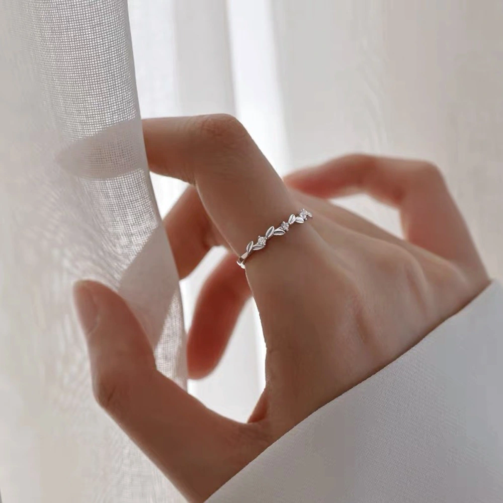 S999 Fine Silver Wheat Ear Zircon Ring Niche Leaf Adjustable Index Ring