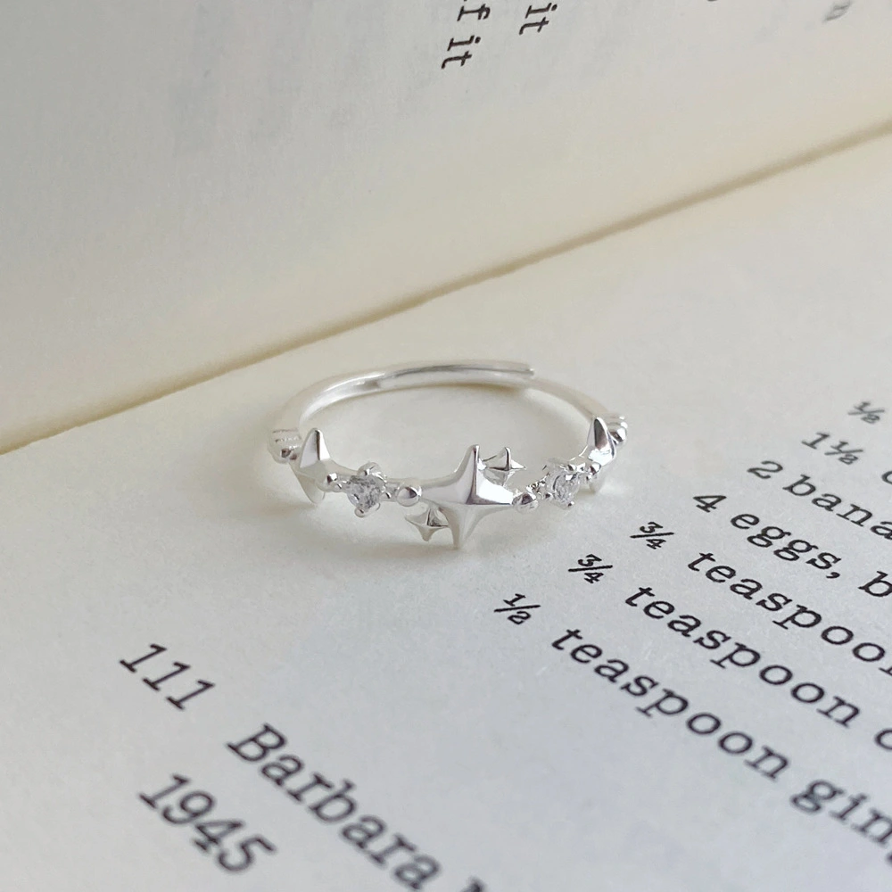 S999 Fine Silver Four-pointed Star Zircon Ring Korean Style Women Jewelry