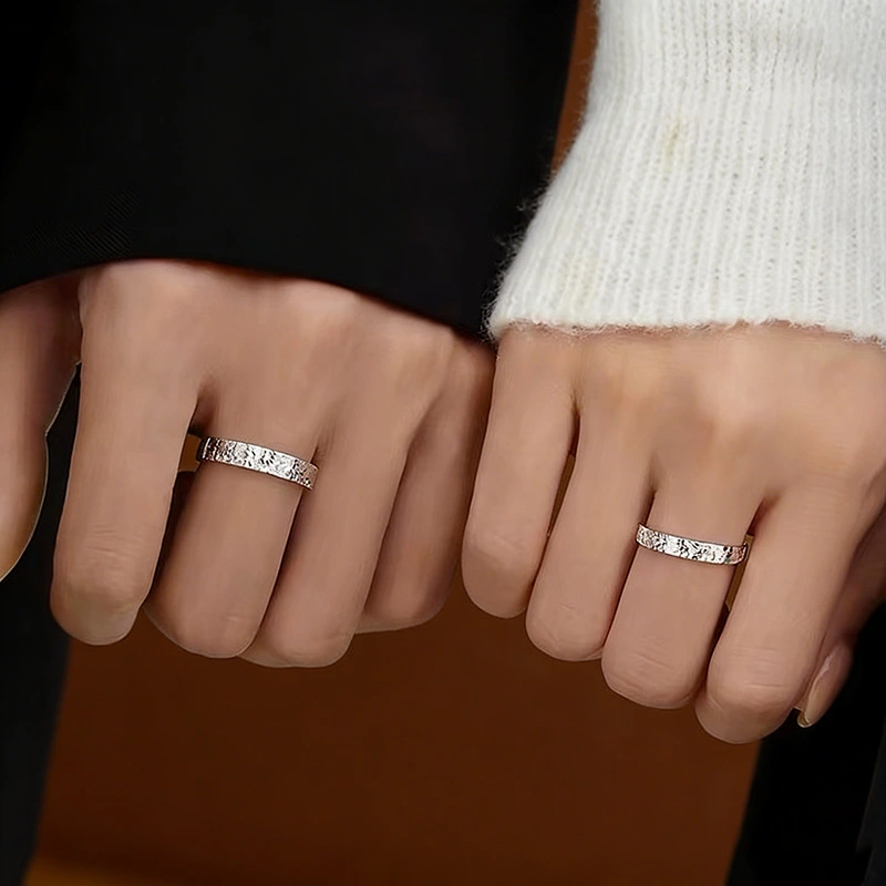 999 Fine Silver Ice Crack Ring Glitter Luxury Couple Jewelry 2Pcs Set