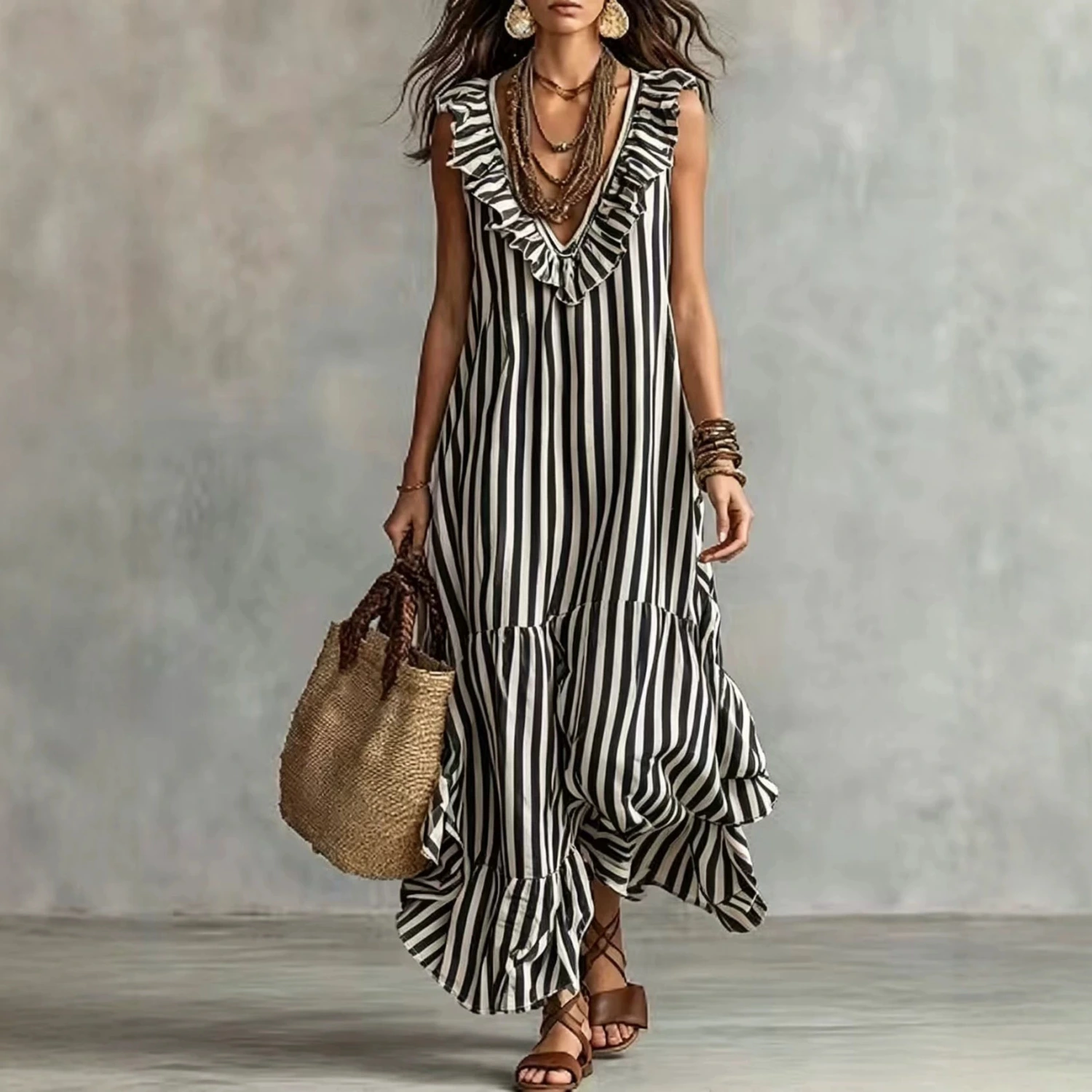 Womens Striped Ruffle V-Neck Long Dress