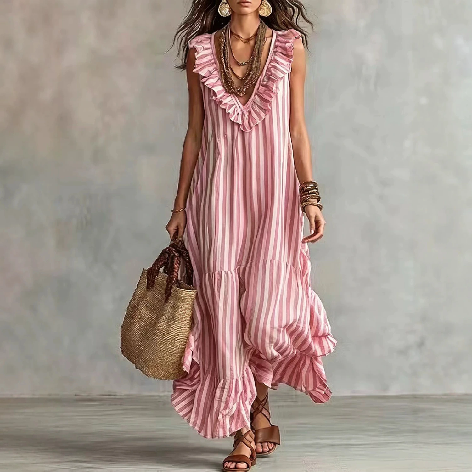 Womens Striped Ruffle V-Neck Long Dress