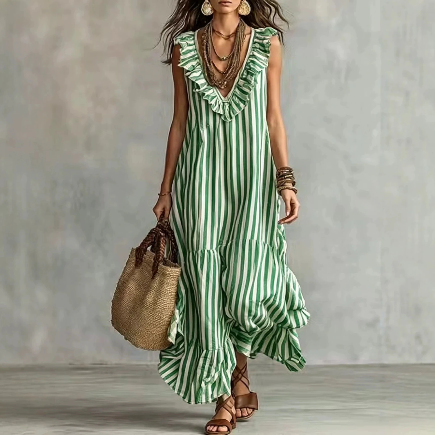 Womens Striped Ruffle V-Neck Long Dress