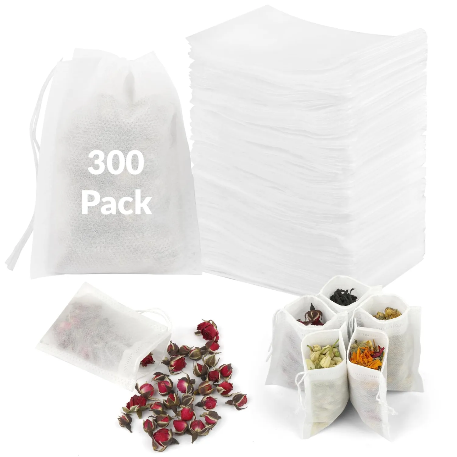 300 Pcs Disposable Tea Bags for Loose Leaf Tea, Food-grade Tea Filter Sachets with Drawstring, Empty Tea Infuser Bag for Coffee, Herbs, Spices (3.54" x 2.75")
