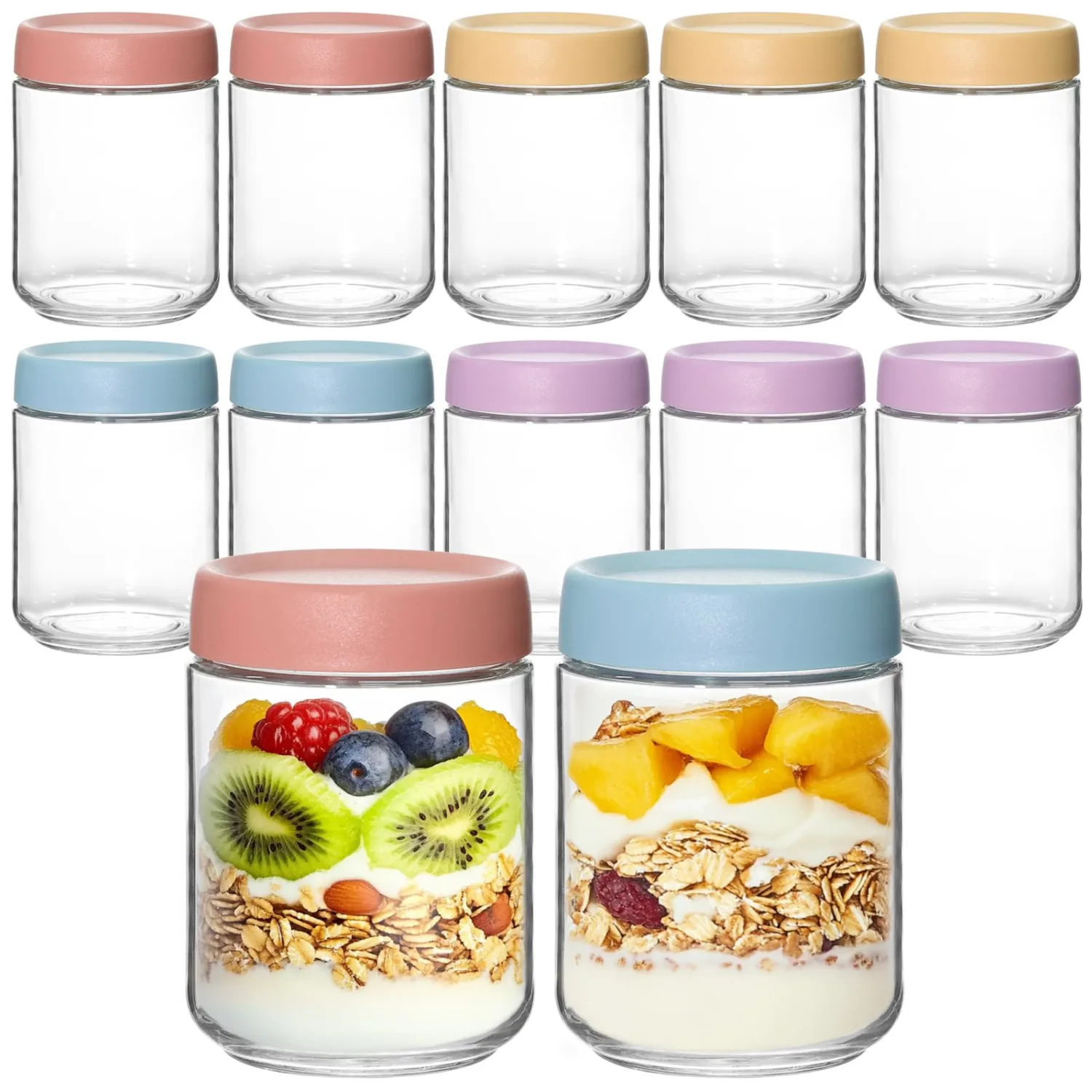 KEYWING 12 Pack Overnight Oats Containers With Lids, 16 oz Wide Mouth Mason Jars with Airtight Lids, Meal Prep Containers Food Storage Glass Jars in Bulk for Snack Yogurt Salad Spice Cereal