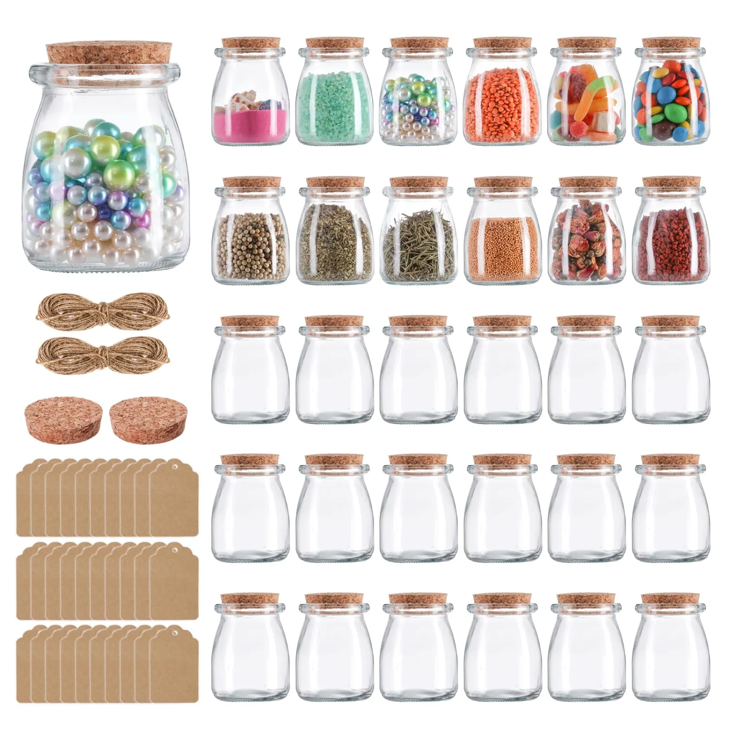 Mini Yogurt Jars 7 oz, 30 Pack Glass Jars with Cork Lids, Candle Containers with Label Tags and String for Wedding favors, Candy, Bath Salts, Spices, Pudding