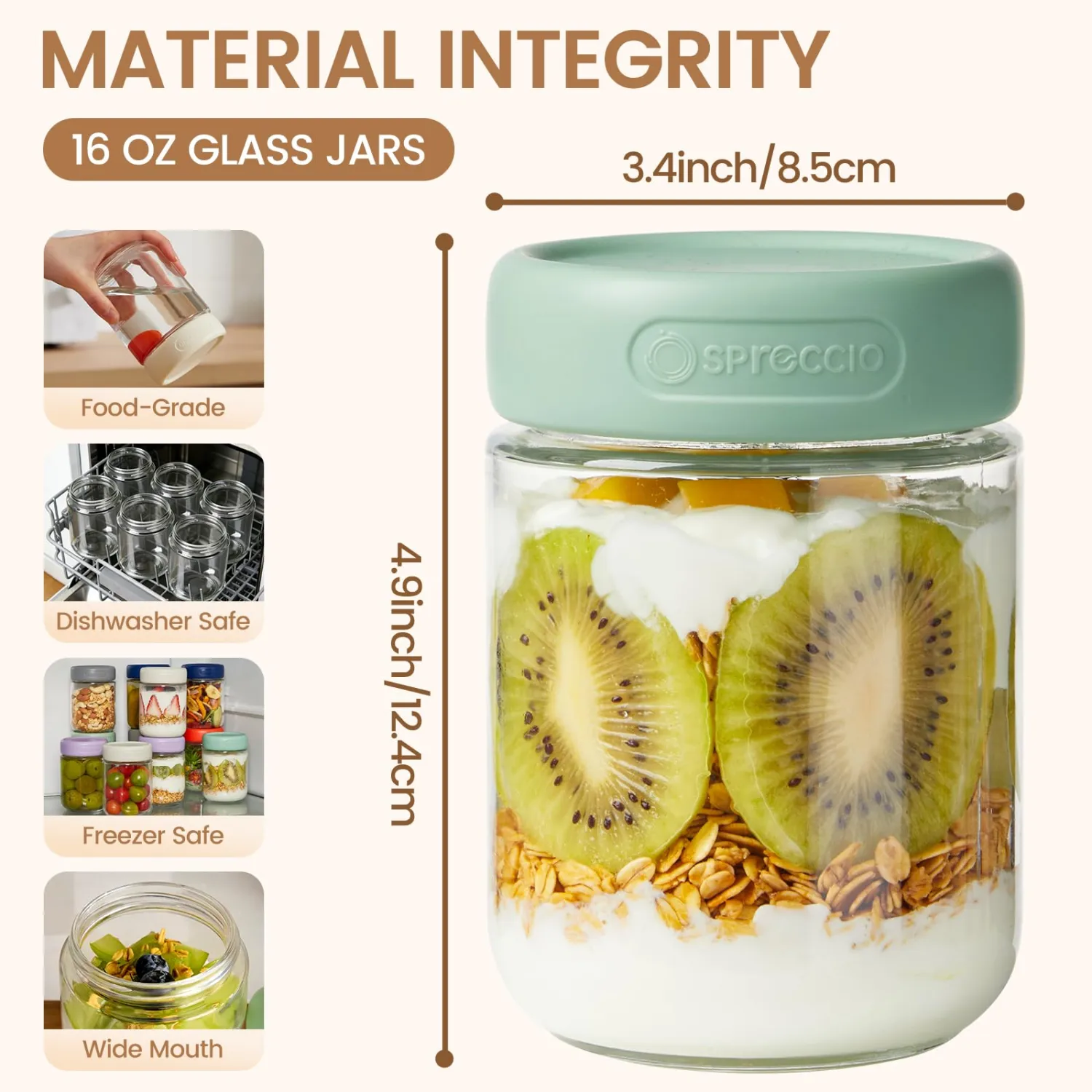 6 Pack 16oz Glass Jars with Lids, Overnight Oats Containers with Lids, Yogurt Jars for Chia Pudding Salad Cereal Coffee Seed Kimchi Jam Spices