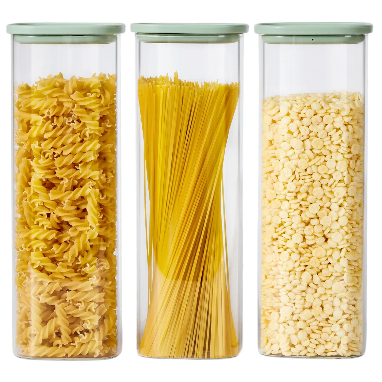 Square Glass Pasta Containers Storage 2.5 Qt Set of 3, Spaghetti Container Storage for Pasta, Nuts, Cereal, Flour, Organize Your Kitchen with these BPA-Free Glass Jars with Lids