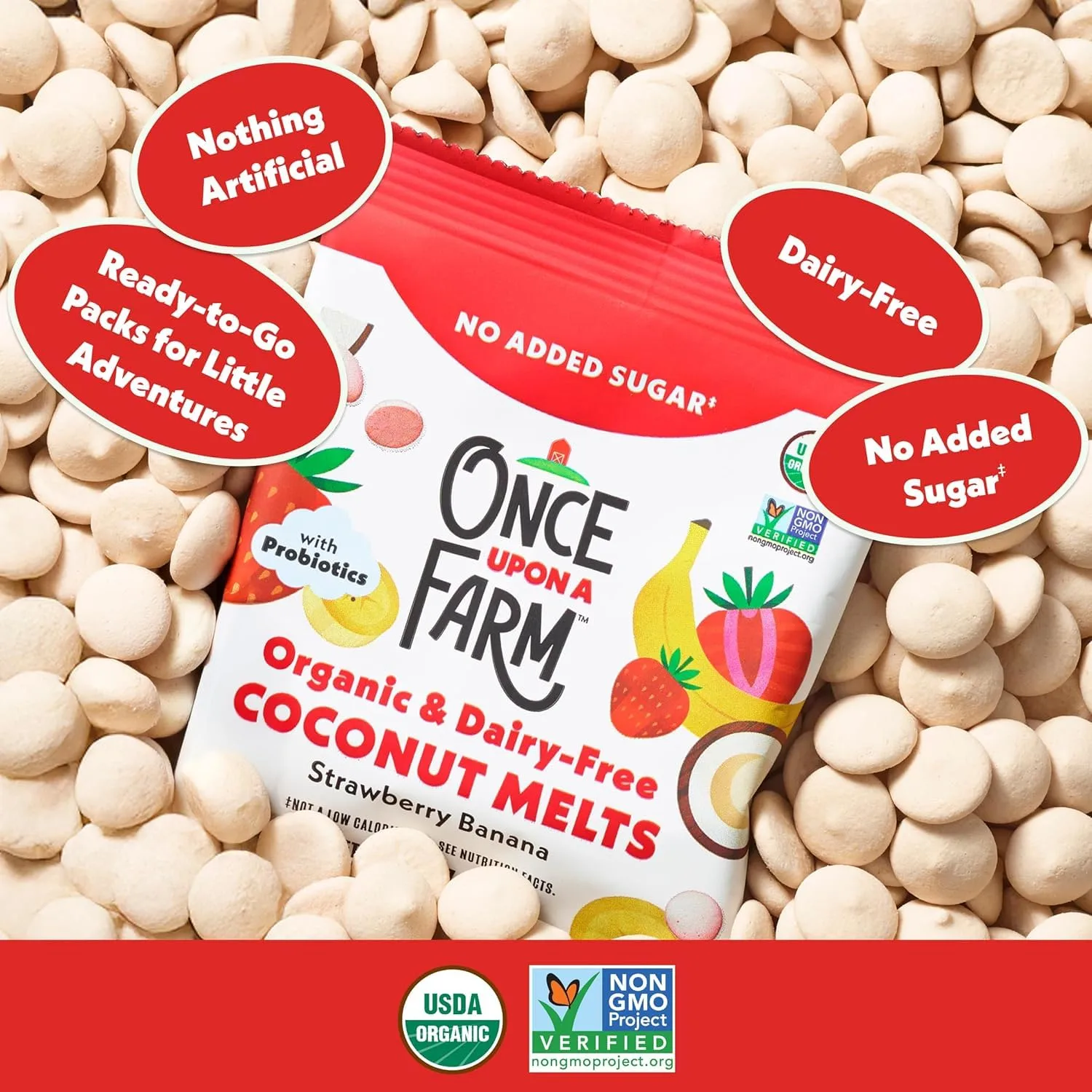 Once Upon A Farm Organic Coconut Melts Variety Pack with Probiotics, Strawberry Banana, Dairy Free, Non GMO, Kosher, .25 oz (Pack of 30)