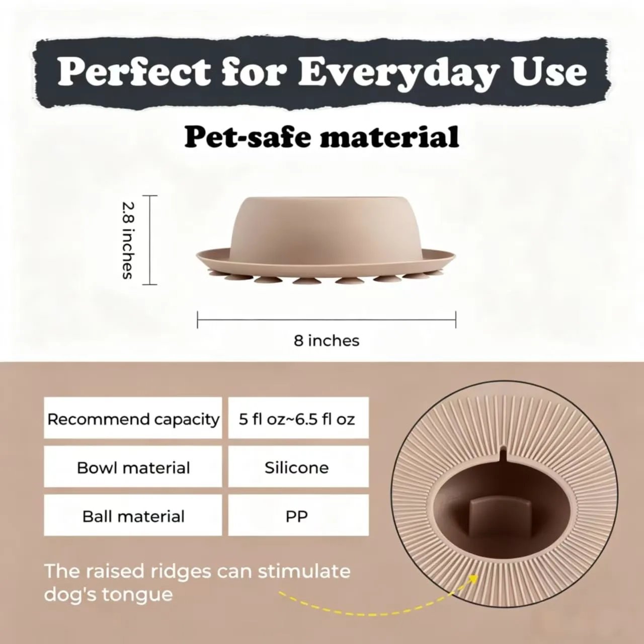 PEDAY Nonslip Dog Slow Feeder Lick Bowl with Ball, Enrichment Toy for Water, Yogurt & Jam, Dishwasher Safe, Warm Taupe | Enrichment Toy for Water, Yogurt & Jam, Dishwasher Safe