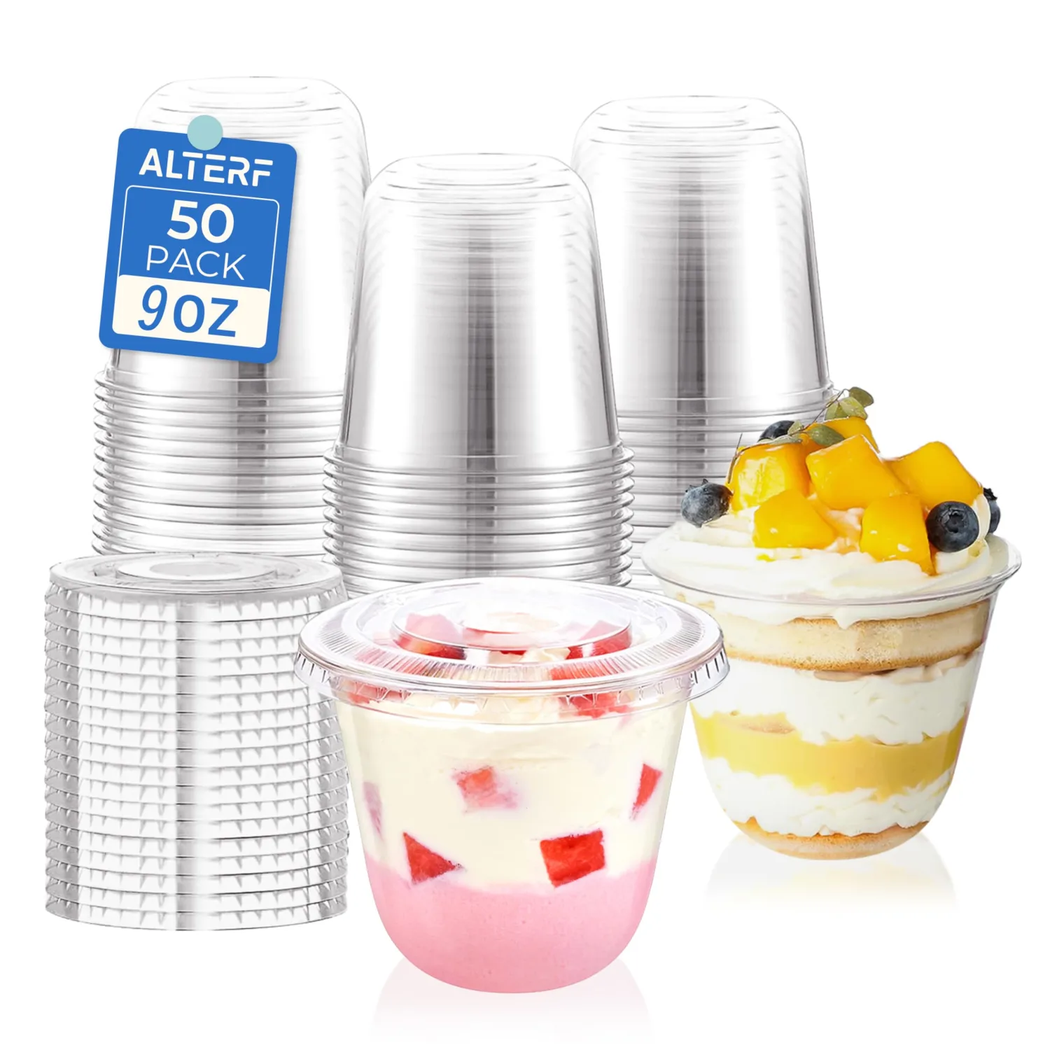 Plastic Cups with Lids - 9 Oz Dessert Cups with Lids, Disposable Cups with Flat Lids No Hole for Ice Cream, Pudding, Cake, Snacks Smoothie, Fruit, Dessert, Yogurt Parfait - 50 Park