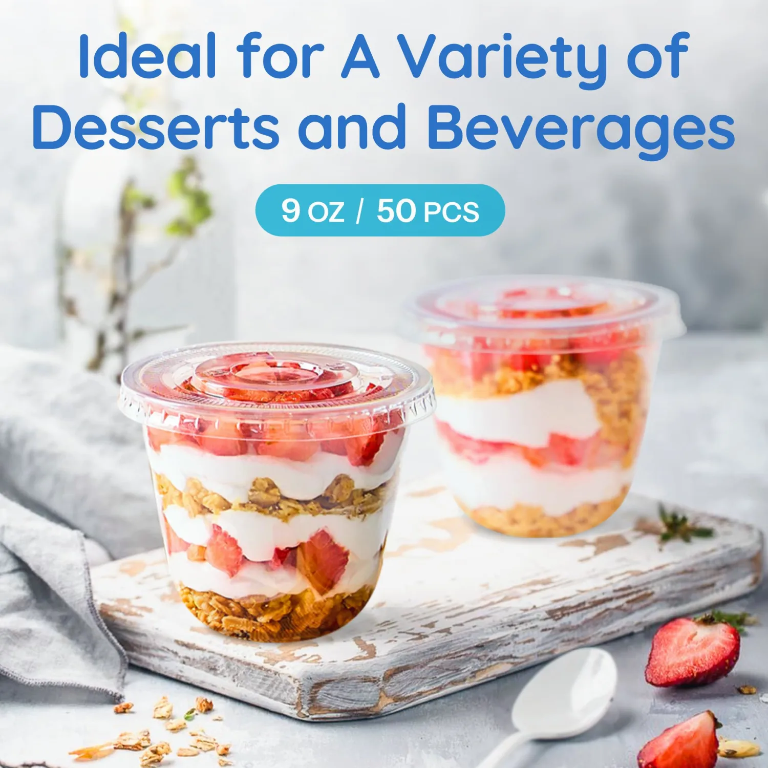 Plastic Cups with Lids - 9 Oz Dessert Cups with Lids, Disposable Cups with Flat Lids No Hole for Ice Cream, Pudding, Cake, Snacks Smoothie, Fruit, Dessert, Yogurt Parfait - 50 Park