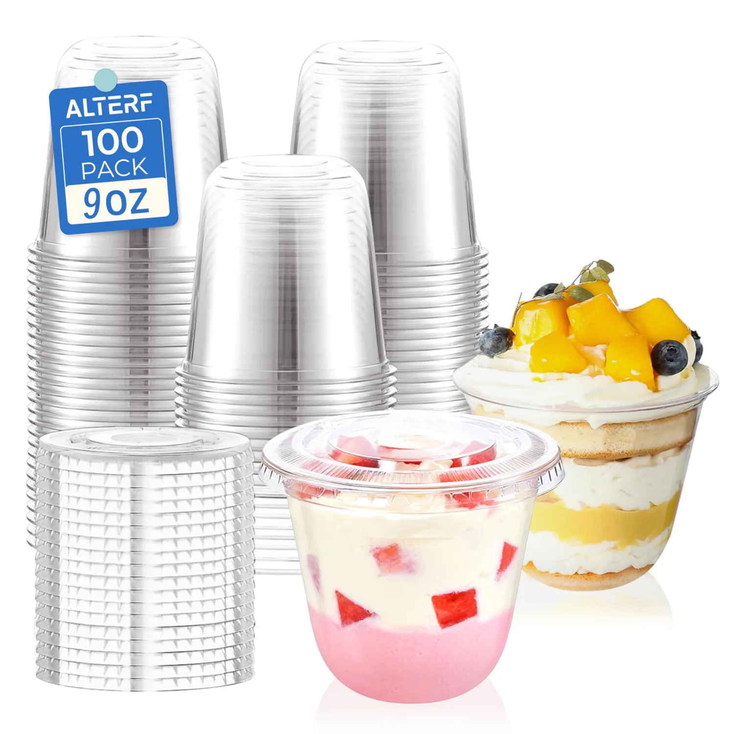 Dessert Cups with Lids - 9 Oz Plastic Cups with Lids Disposable Cups with Flat Lid No Hole for Cake,Ice Cream,Snacks Smoothie, Fruit, Dessert, Yogurt Parfait,Milkshake (100 Park)
