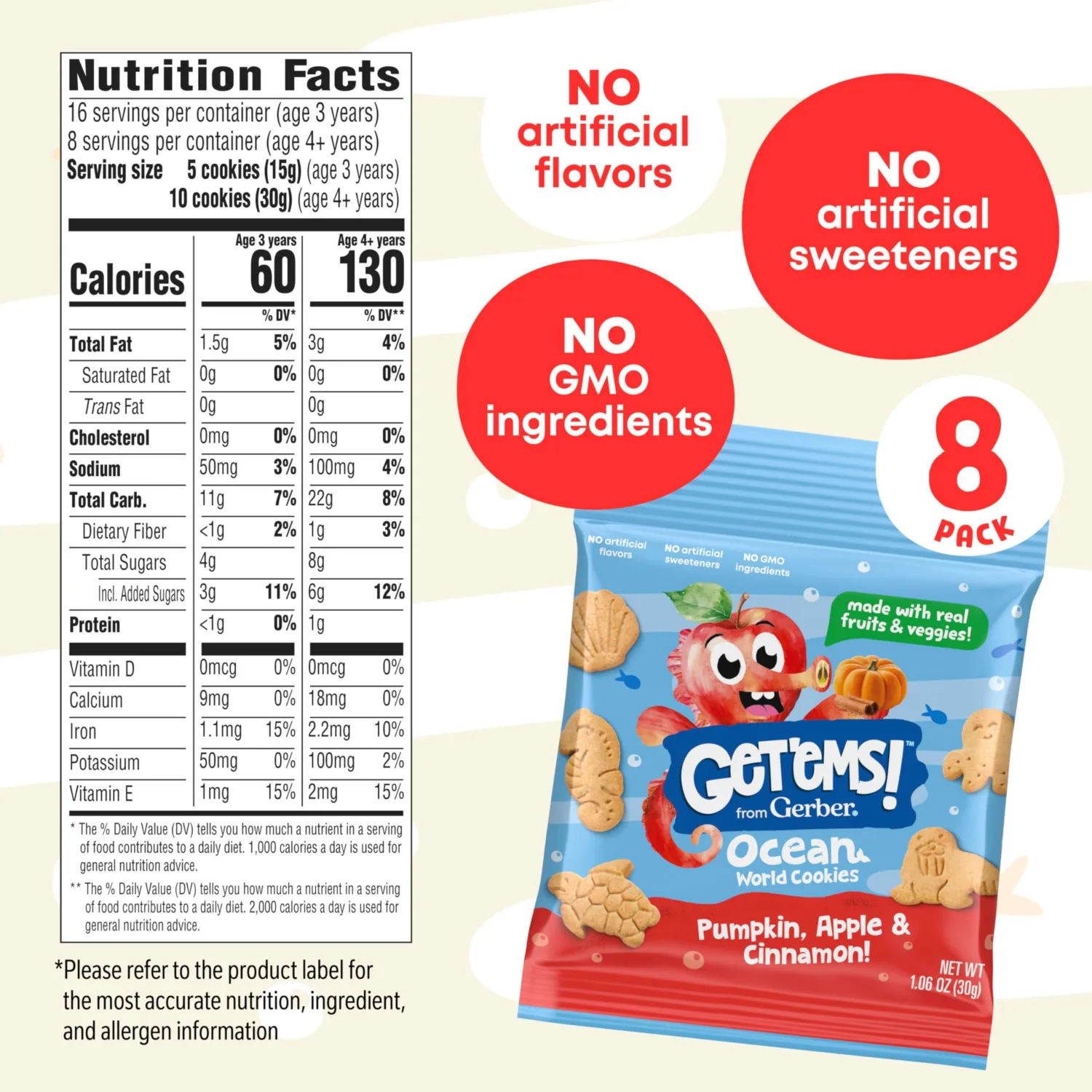 Get'ems! from Gerber Pumpkin, Apple & Cinnamon Ocean World Cookies, Kids Snacks, 8PK