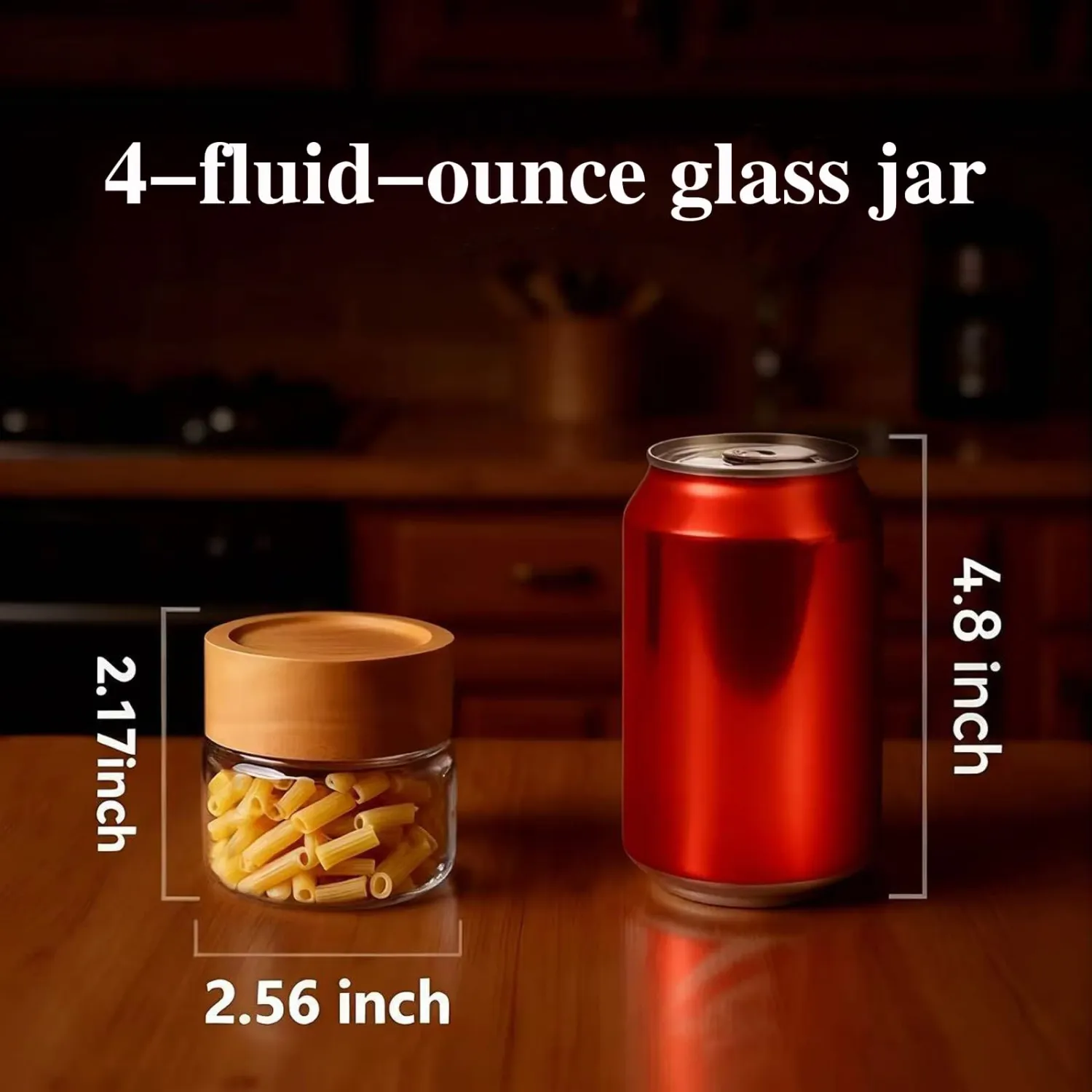 6-Pack 4 fl oz Stackable Airtight Glass Jars (with Acacia Wood Lids + Sticker Labels) – Small Mason Jars designed for overnight oats, spices, dry goods, and kitchen organization.