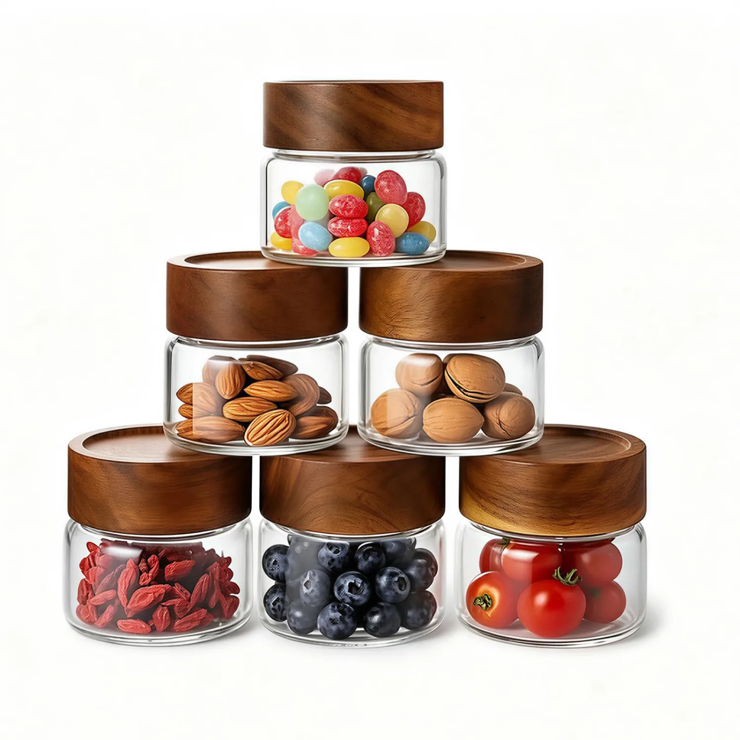 6-Pack 4 fl oz Stackable Airtight Glass Jars (with Acacia Wood Lids + Sticker Labels) – Small Mason Jars designed for overnight oats, spices, dry goods, and kitchen organization.