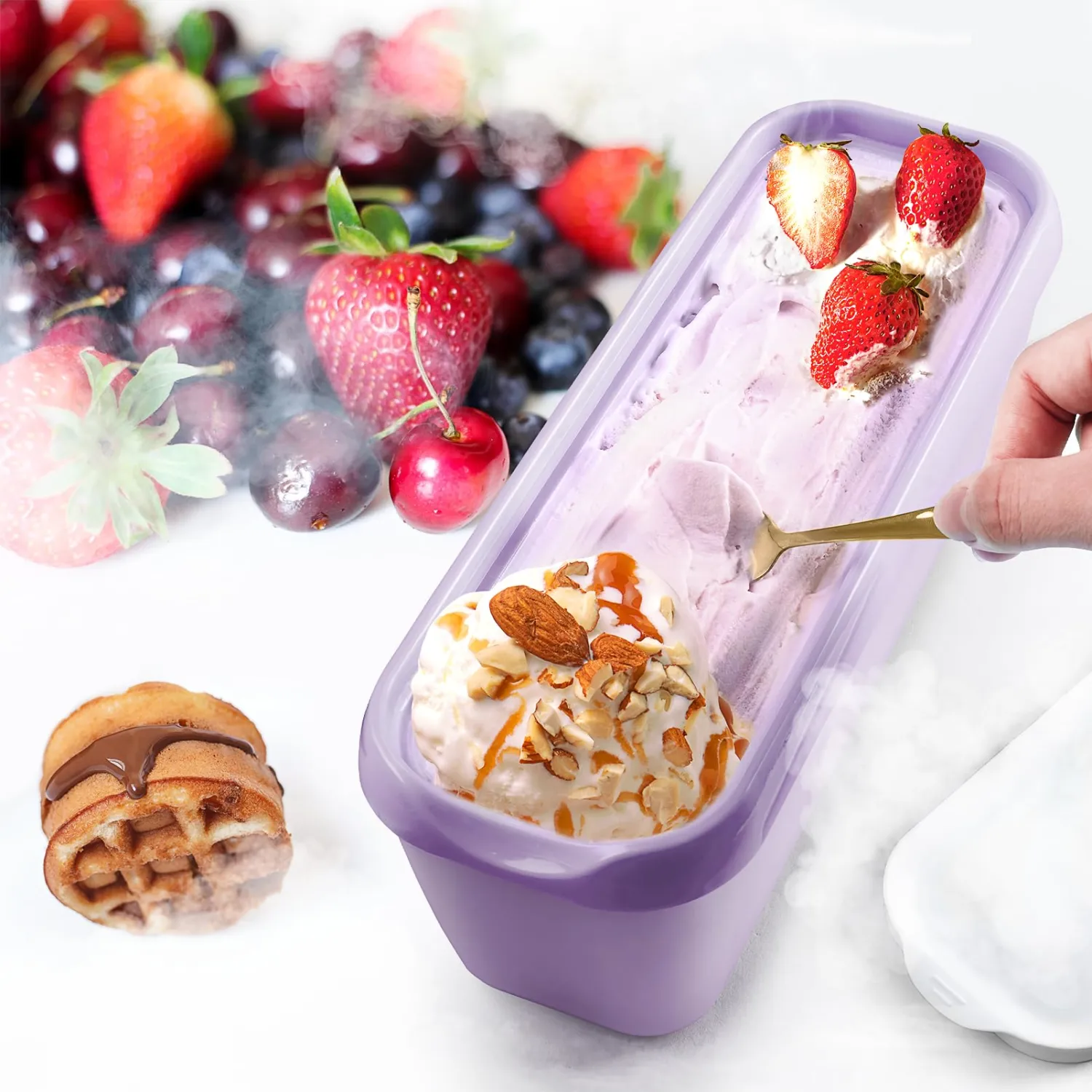 2 Pack Ice Cream Tub Containers (1.6 Quart Each), Reusable Freezer Storage Containers with Lids for Homemade Sorbet, Frozen Yogurt, or Gelato, Orange and Purple