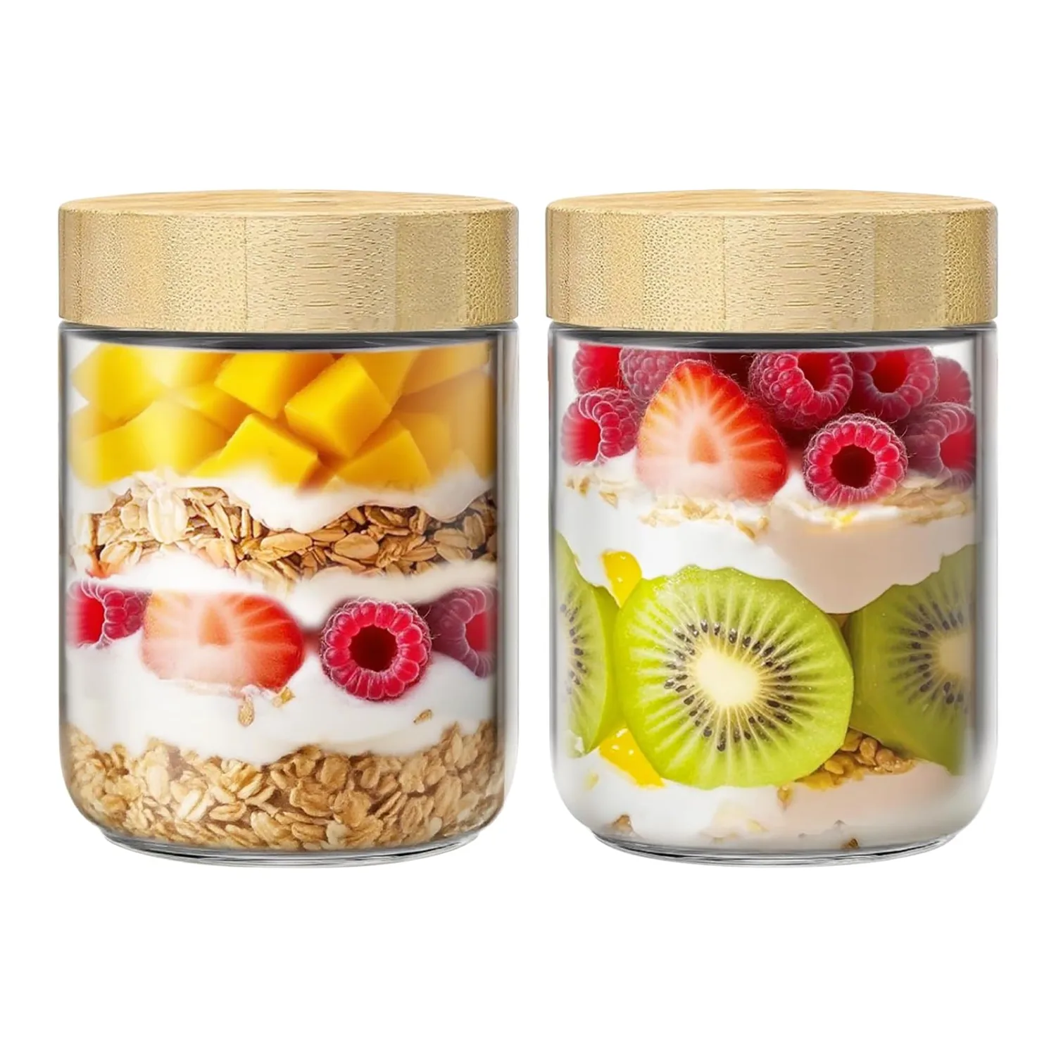 2 Pack 16oz Glass Jars with Bamboo Lids, Overnight Oats Containers with Airtight Lids, Storage Containers Wide Mouth Mason jars for Salad,Yogurt, Sugar, Snacks, Spices
