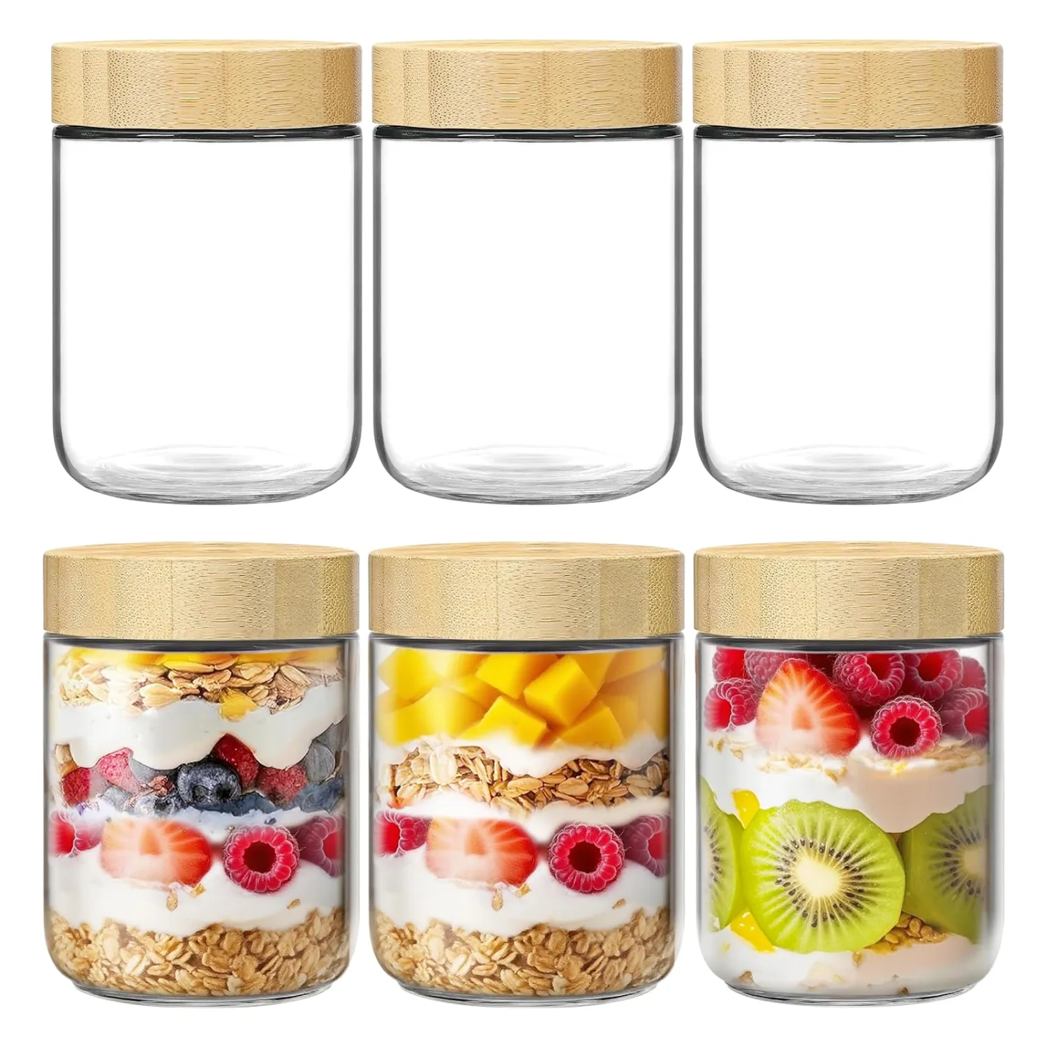 6 Pack 16oz Glass Jars with Bamboo Lids, Overnight Oats Containers with Airtight Lids, Storage Containers Wide Mouth Mason jars for Salad,Yogurt, Sugar, Snacks, Spices