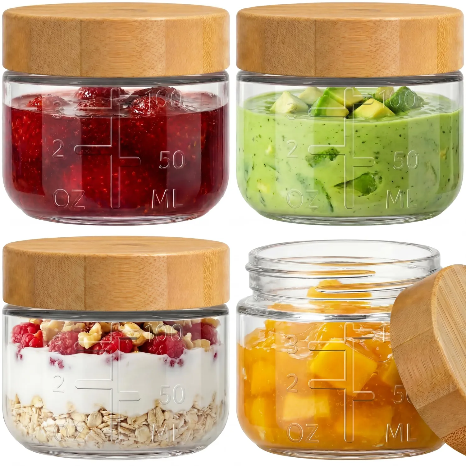 HomArtist 3oz Glass Salad Dressing Containers with Bamboo Lids - 4 Pack Small Airtight Condiment Cups, Mini Sauce Jars for Picnic, Ketchup, Dip & Snacks, Leakproof, BPA-Free & Dishwasher Safe