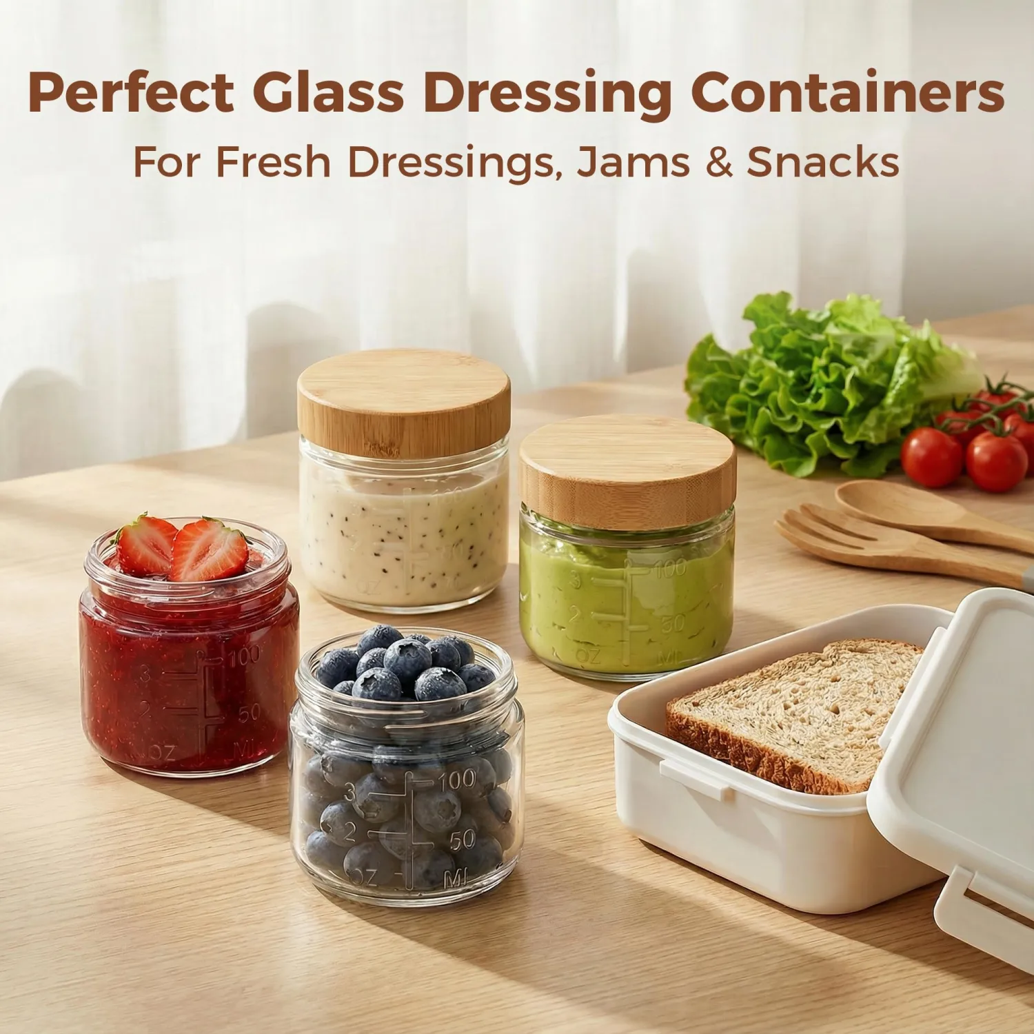 HomArtist 3oz Glass Salad Dressing Containers with Bamboo Lids - 4 Pack Small Airtight Condiment Cups, Mini Sauce Jars for Picnic, Ketchup, Dip & Snacks, Leakproof, BPA-Free & Dishwasher Safe