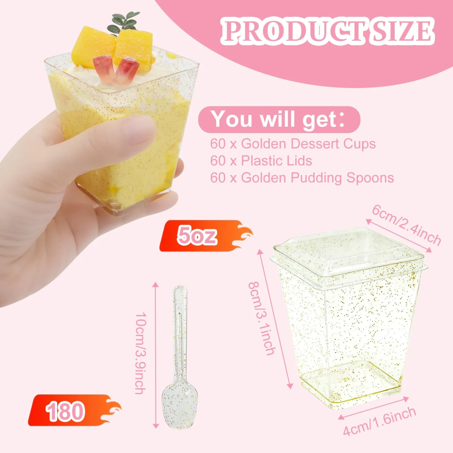 180 Pack Gold Glitter Dessert Cups with Lids and Spoons 5Oz Plastic Square Yogurt Parfait Appetier Cups for Party Disposable Small Dessert Shooter for Ice Cream，Fruit and Pudding