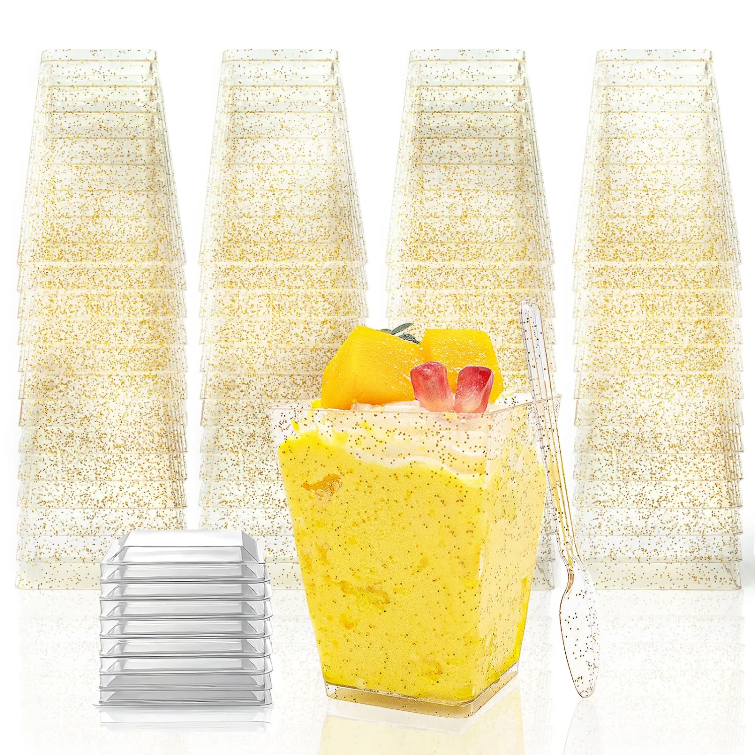 180 Pack Gold Glitter Dessert Cups with Lids and Spoons 5Oz Plastic Square Yogurt Parfait Appetier Cups for Party Disposable Small Dessert Shooter for Ice Cream，Fruit and Pudding
