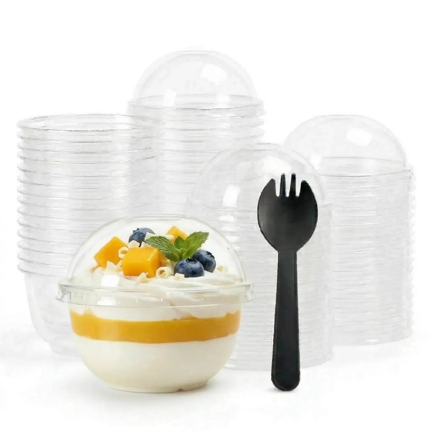 20 Pack Clear Dessert Cups with Lid and Black Sporks- 8oz for Cake,Fruit,Pudding,Yogurt -Plastic Charcuterie Cups for Party Disposable