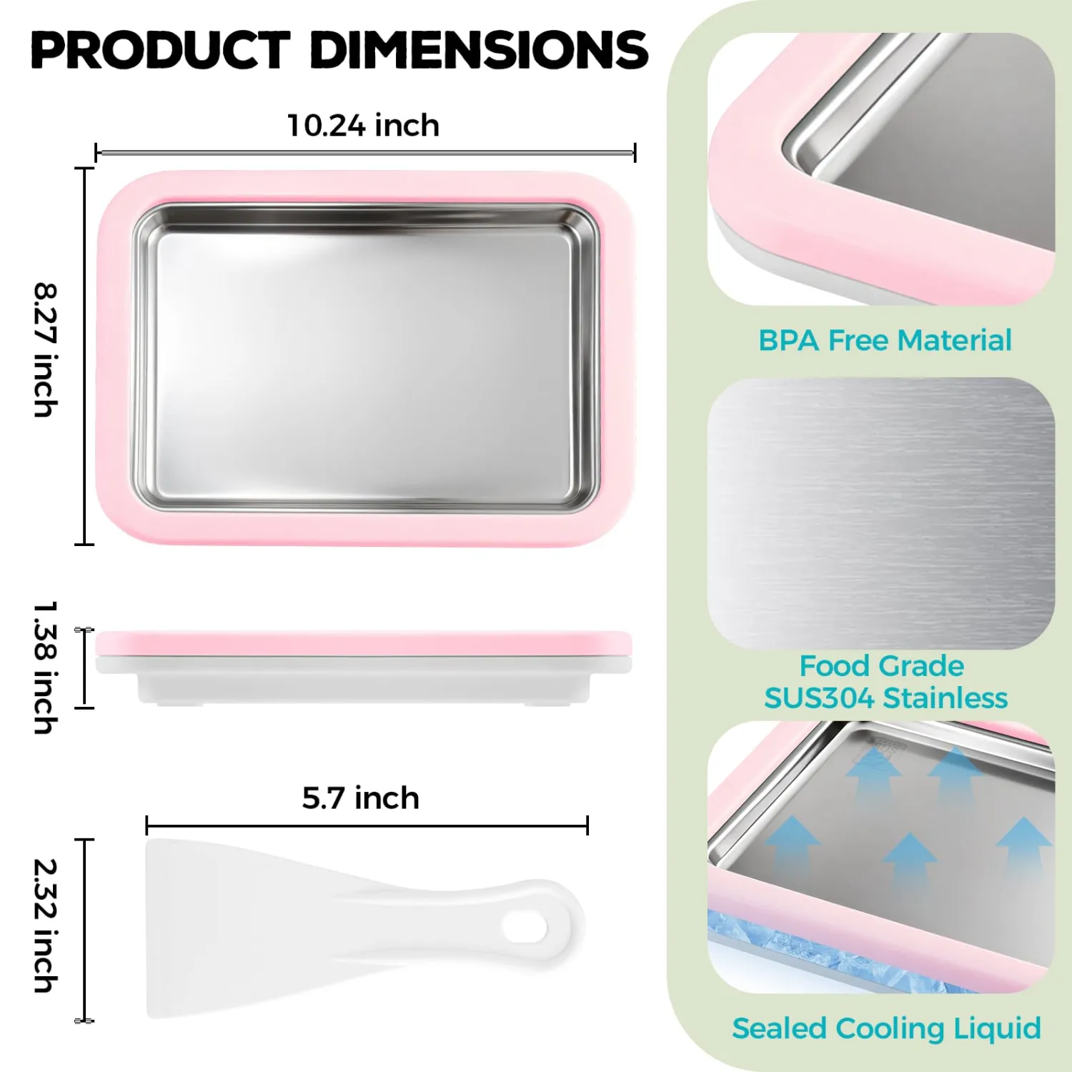 Rolled Ice Cream Maker with Quick Start Guide - DIY Instant Ice Cream Tray Kit, Includes 2 Scrapers for Manual Homemade Ice Cream Rolls, Frozen Yogurt, Sorbets & Slushies, No Electricity Needed（pink）