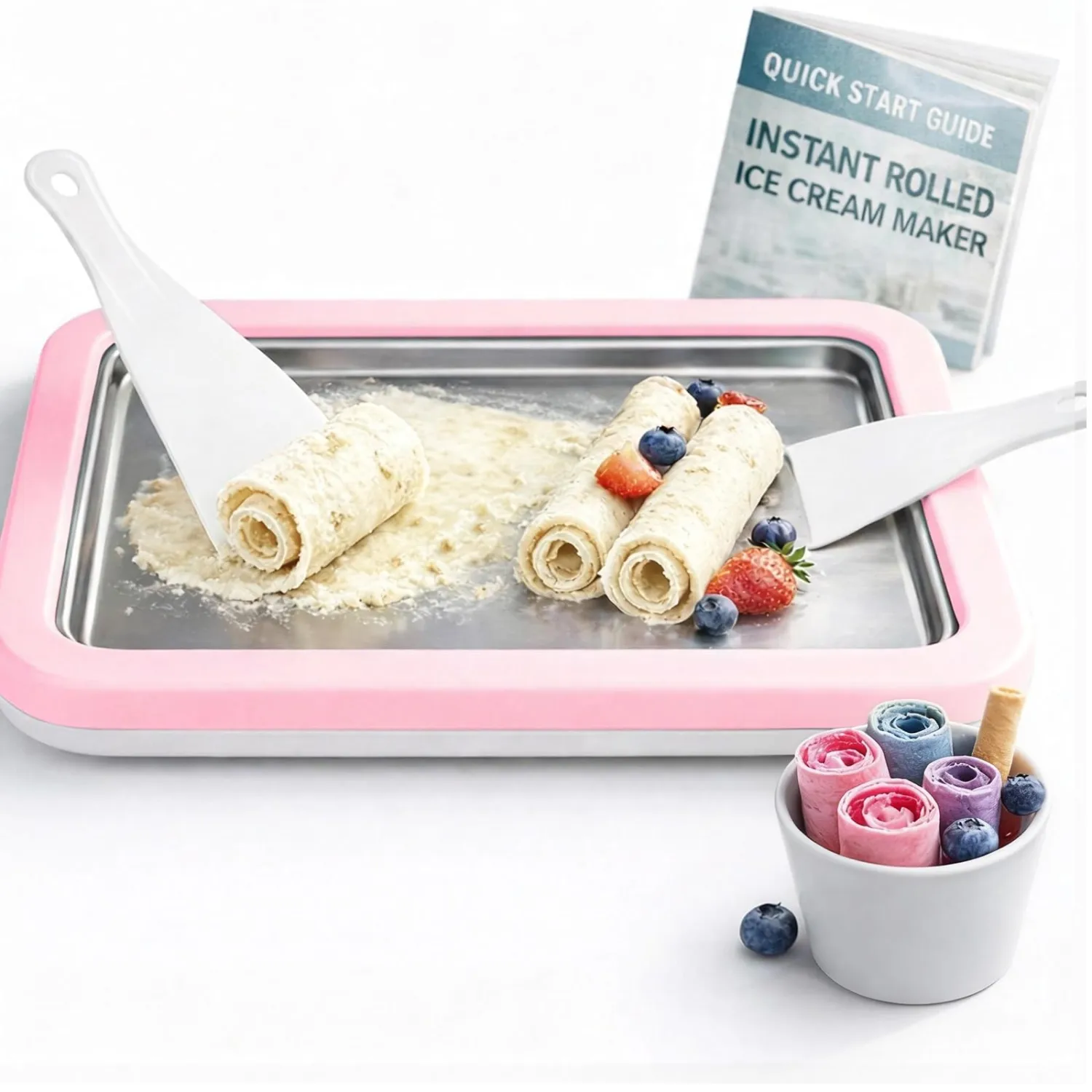 Rolled Ice Cream Maker with Quick Start Guide - DIY Instant Ice Cream Tray Kit, Includes 2 Scrapers for Manual Homemade Ice Cream Rolls, Frozen Yogurt, Sorbets & Slushies, No Electricity Needed（pink）