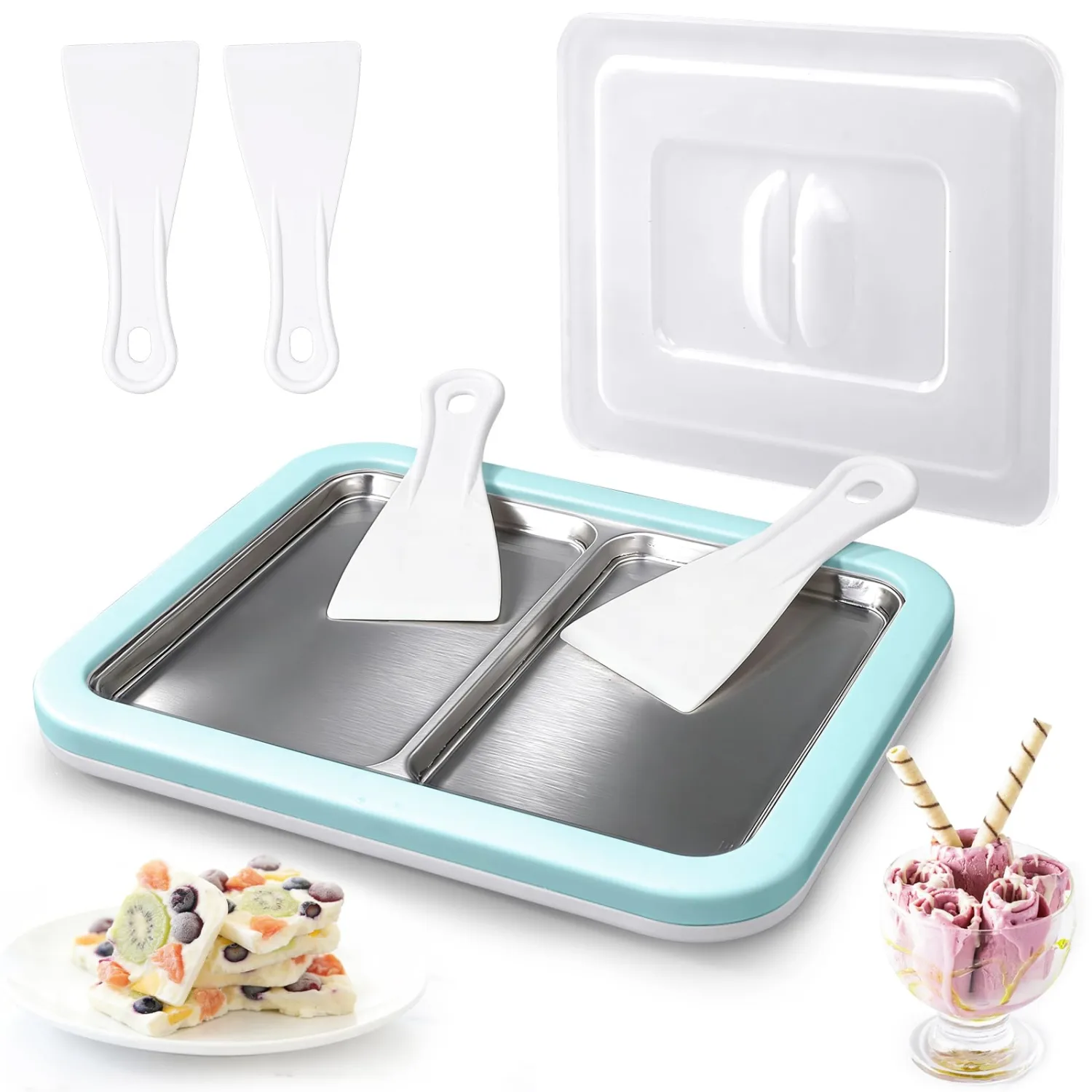 Rolled Ice Cream Maker, Dual Trays Instant Ice Cream Maker, Food-Grade Homemade Frozen Yogurt Maker for Kids & Family, DIY Ice Roll Machine with 4 Spatulas, Dustproof Design (Mint Green)