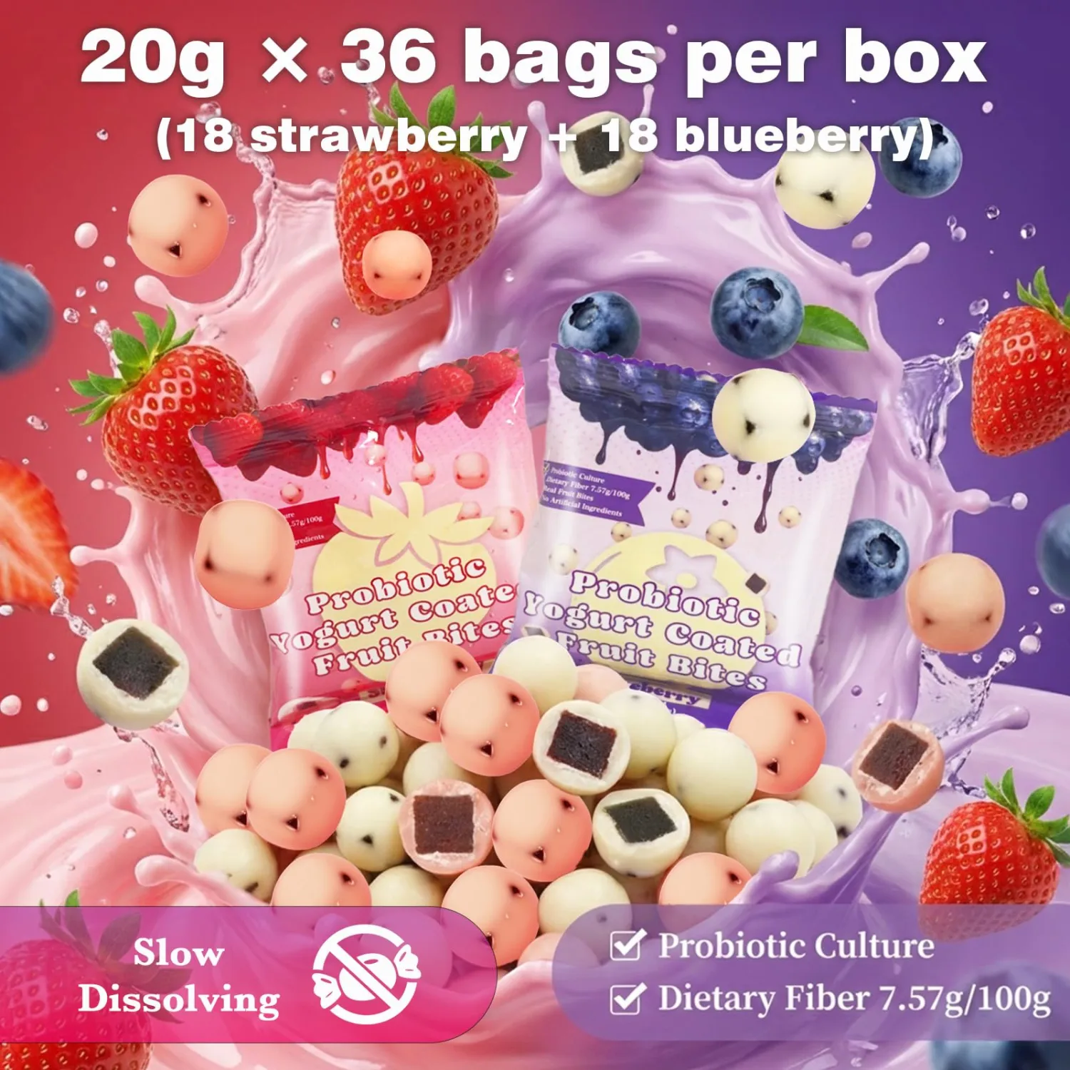 Probiotic Yogurt Coated Fruit Bites 0.7oz / 36 Packs, Strawberry & Blueberry Individually Wrapped Real Fruit Yogurt Snacks Net 25.4oz 360 Counts, On-The-Go Chewy Yoggies Snacks with Dietary Fiber