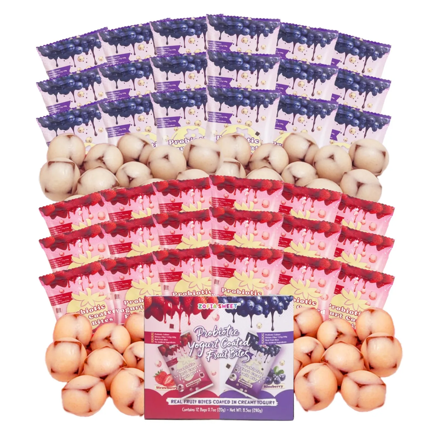Probiotic Yogurt Coated Fruit Bites 0.7oz / 36 Packs, Strawberry & Blueberry Individually Wrapped Real Fruit Yogurt Snacks Net 25.4oz 360 Counts, On-The-Go Chewy Yoggies Snacks with Dietary Fiber
