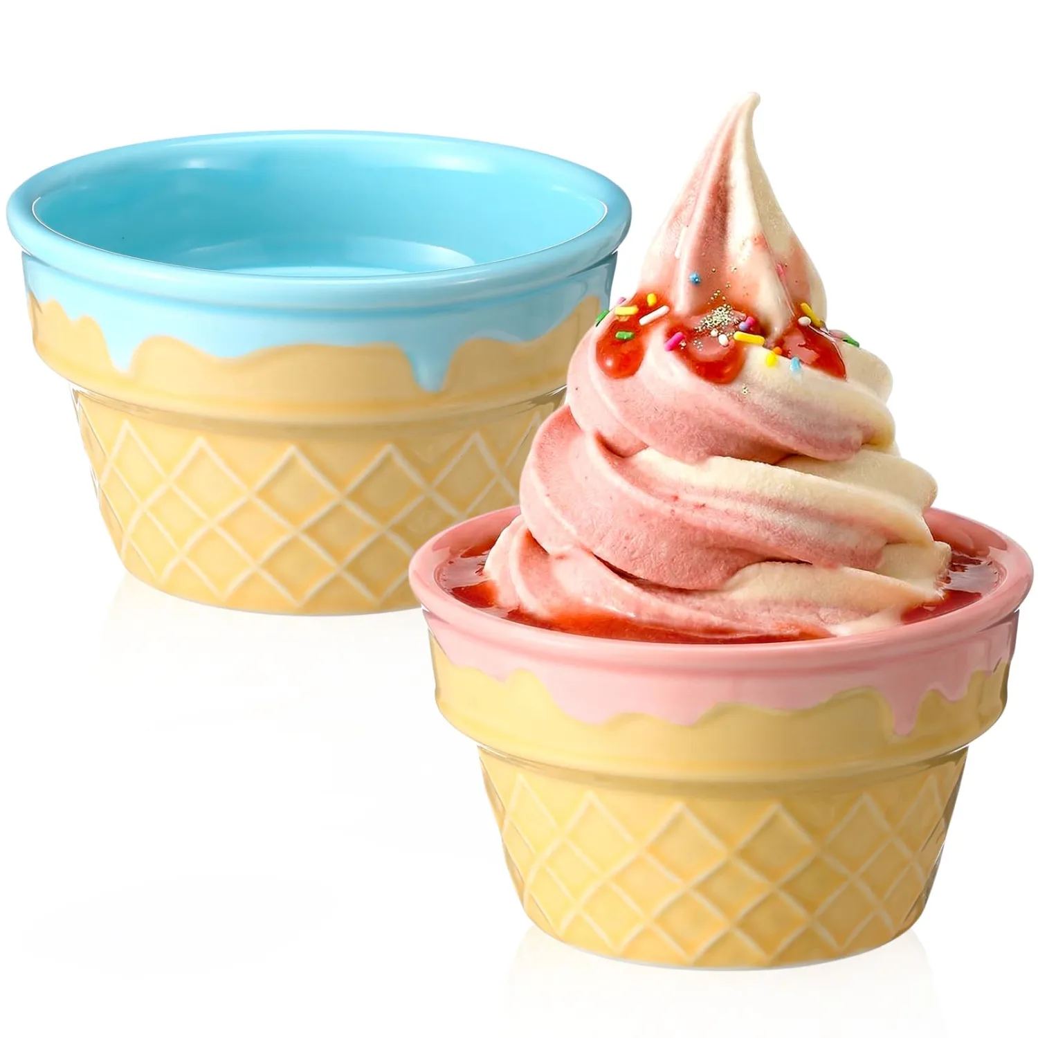 Honeydak 2 Pcs Ice Cream Ceramic Bowls 9 oz Porcelain Waffle Ice Cream Cups Cute Reusable Sundae Dessert Snack Containers for Summer Kid Adult Birthday Gift Home Yogurt Soup Bar Party Supplies