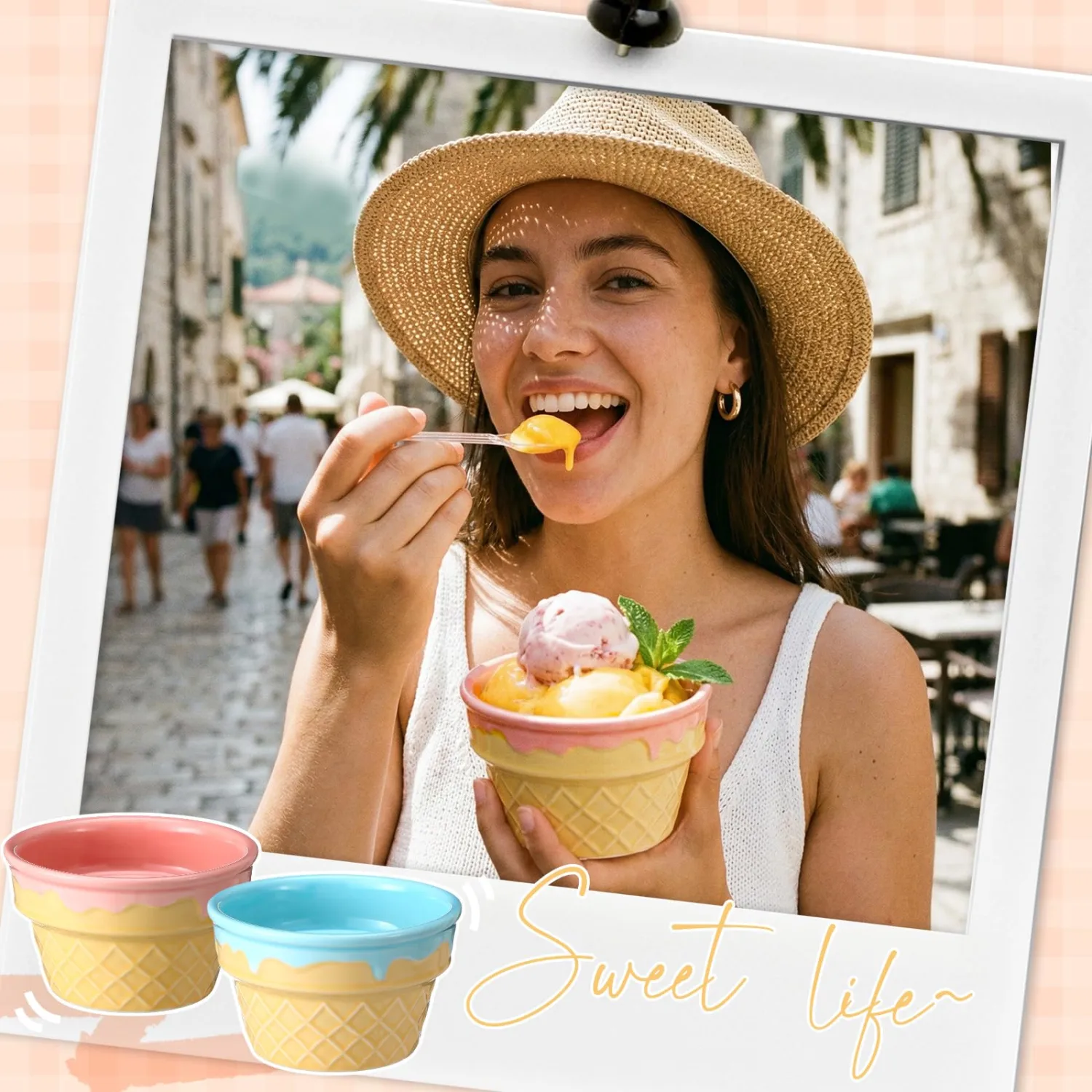Honeydak 2 Pcs Ice Cream Ceramic Bowls 9 oz Porcelain Waffle Ice Cream Cups Cute Reusable Sundae Dessert Snack Containers for Summer Kid Adult Birthday Gift Home Yogurt Soup Bar Party Supplies