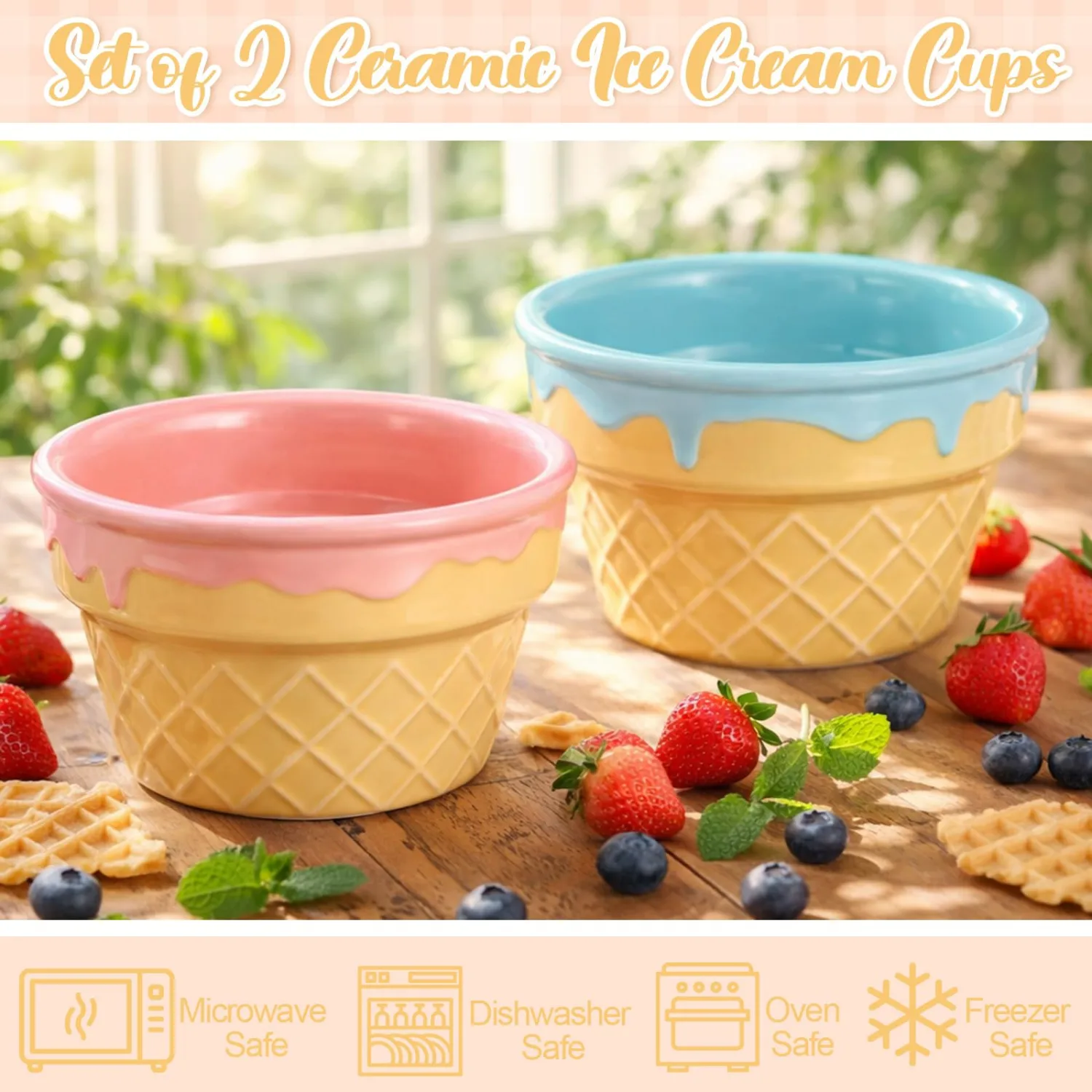 Honeydak 2 Pcs Ice Cream Ceramic Bowls 9 oz Porcelain Waffle Ice Cream Cups Cute Reusable Sundae Dessert Snack Containers for Summer Kid Adult Birthday Gift Home Yogurt Soup Bar Party Supplies