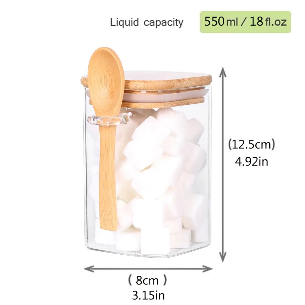 Glass Jar with Bamboo Lid and Spoon,Set of 6 Square 17 OZ Tea Containers for Loose Leaf Tea, Salt and Sugar Containers for Countertop, Yogurt Jars for Overnight Oatmeal