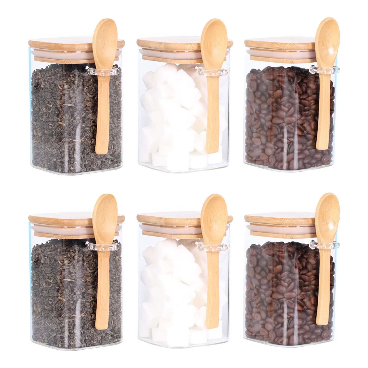 Glass Jar with Bamboo Lid and Spoon,Set of 6 Square 17 OZ Tea Containers for Loose Leaf Tea, Salt and Sugar Containers for Countertop, Yogurt Jars for Overnight Oatmeal