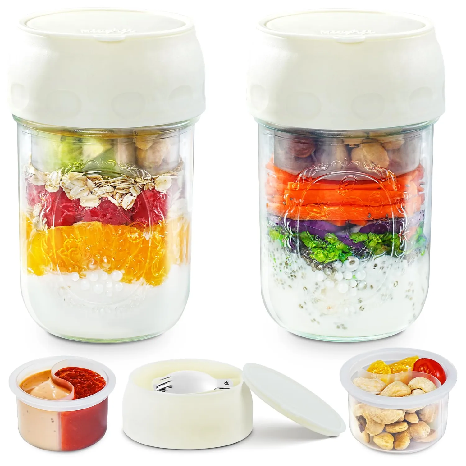 Miuyhji Overnight Oats Containers with Lids, 2-Pack Glass Mason Jars 16 oz with Lids, Folding Spoons and Separated Compartment, for Chia Pudding, Yogurt, Salad, Parfait Cups (Beige)