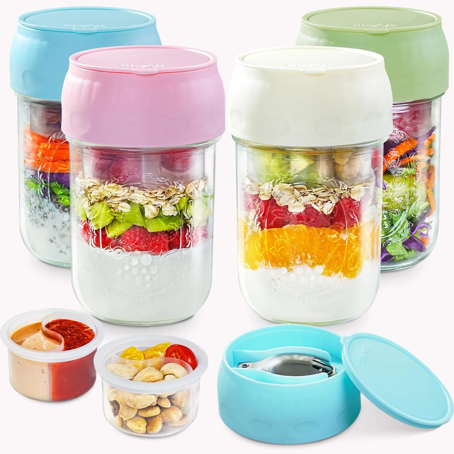 Miuyhji 4 Pack Overnight Oats Containers with Lids, Chia Seed Pudding Jars with Folding Spoons & Divided Compartments for Fruit & Nuts, 16oz Glass Mason Jars for Oatmeal Yogurt Meal Prep Parfait