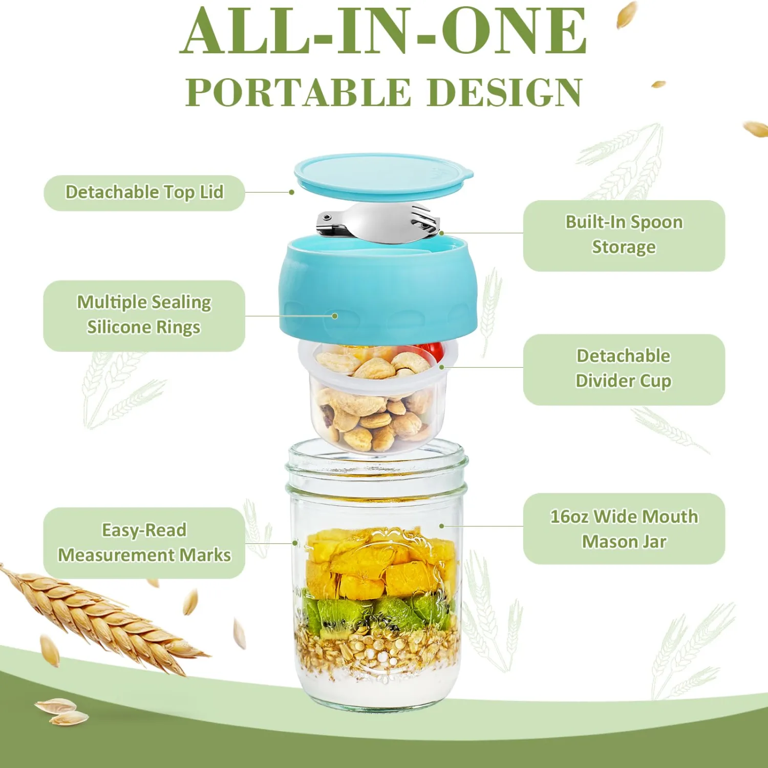 Miuyhji 6 Pack Overnight Oats Containers with Lids and Folding Spoons 16oz, Glass Mason Jars with Divided Compartments, Chia Pudding Jars for Oatmeal Meal Prep
