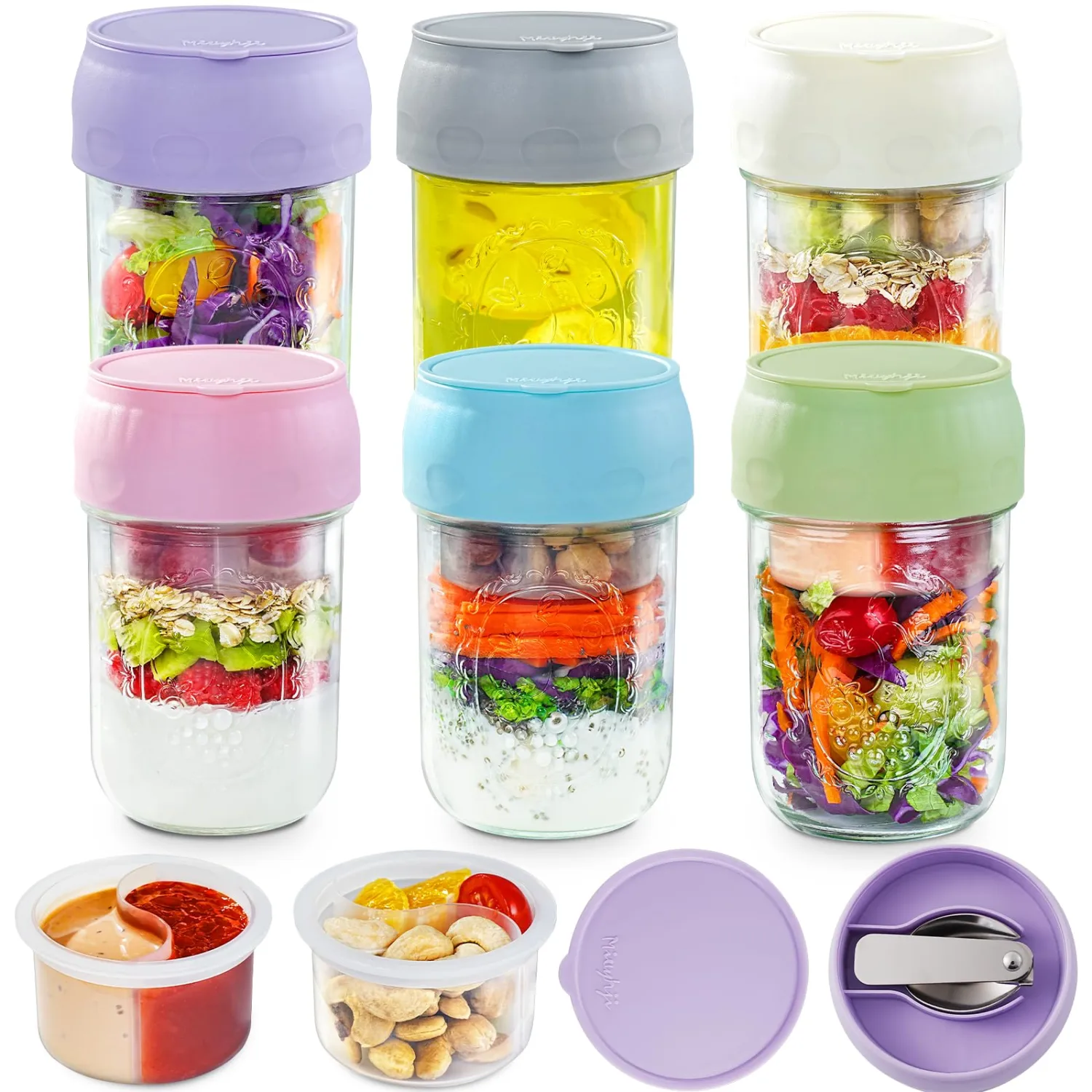 Miuyhji 6 Pack Overnight Oats Containers with Lids and Folding Spoons 16oz, Glass Mason Jars with Divided Compartments, Chia Pudding Jars for Oatmeal Meal Prep
