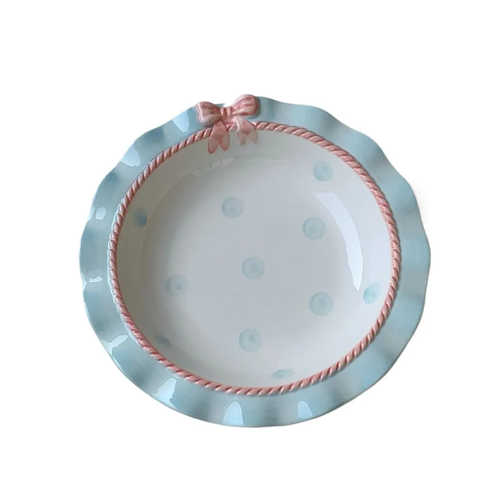 Underglaze Color Polka Dot Bowl Cute Bow Round Afternoon Tea Tableware Yogurt (Blue 8-inch deep plate)