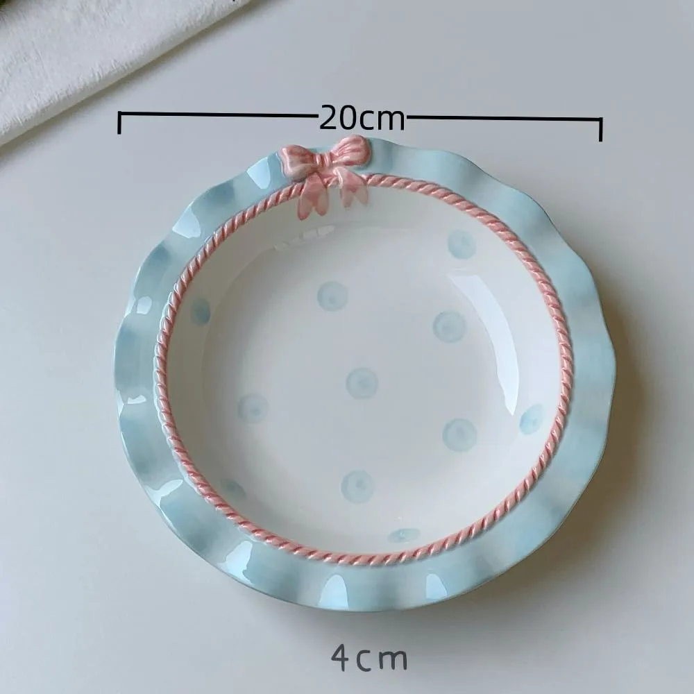 Underglaze Color Polka Dot Bowl Cute Bow Round Afternoon Tea Tableware Yogurt (Blue 8-inch deep plate)