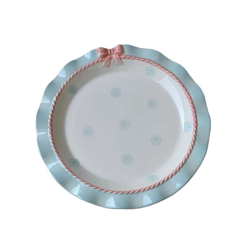 Underglaze Color Polka Dot Bowl Cute Bow Round Afternoon Tea Tableware Yogurt (Blue 8-inch shallow plate)